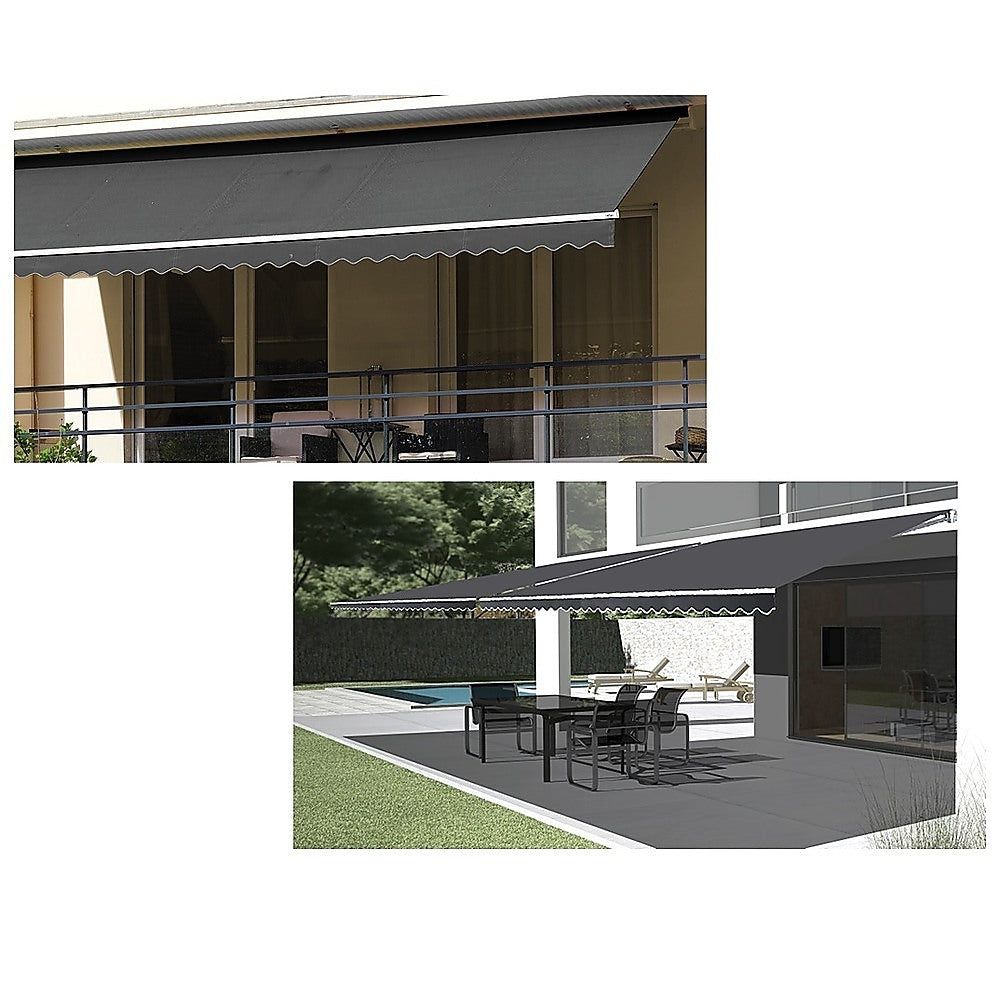 Motorised Outdoor Folding Arm Awning in grey, showcasing its retractable design and scalloped trim, perfect for patios and balconies.