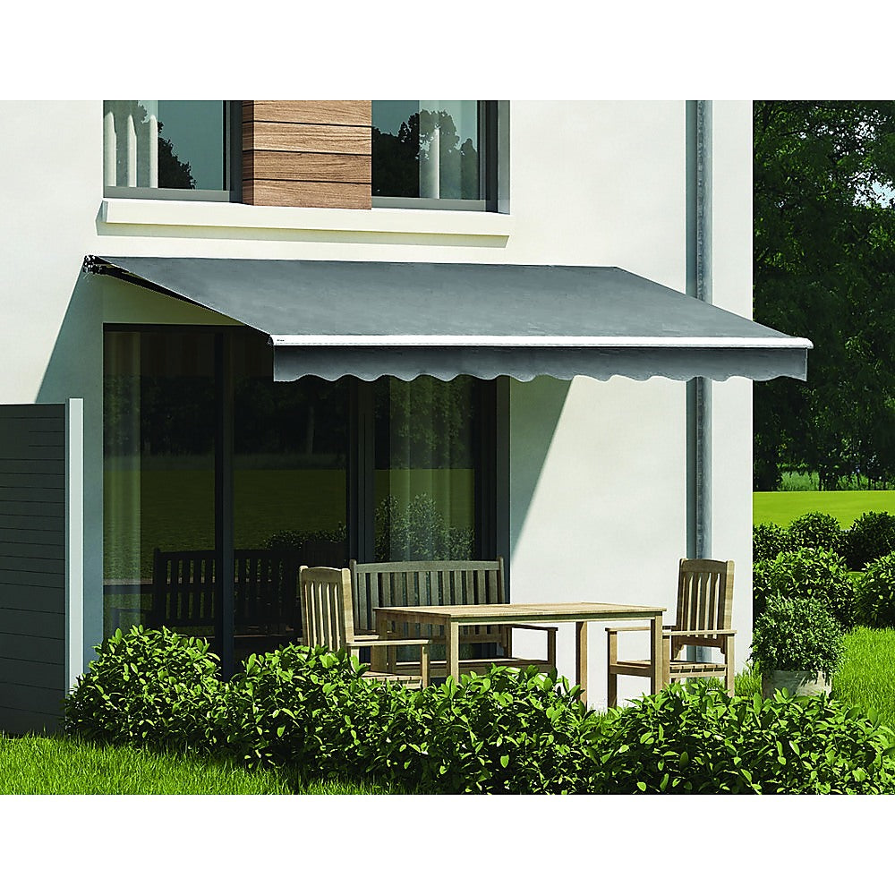 Motorised Outdoor Folding Arm Awning in grey, showcasing its retractable design and scalloped trim, perfect for patios and balconies.