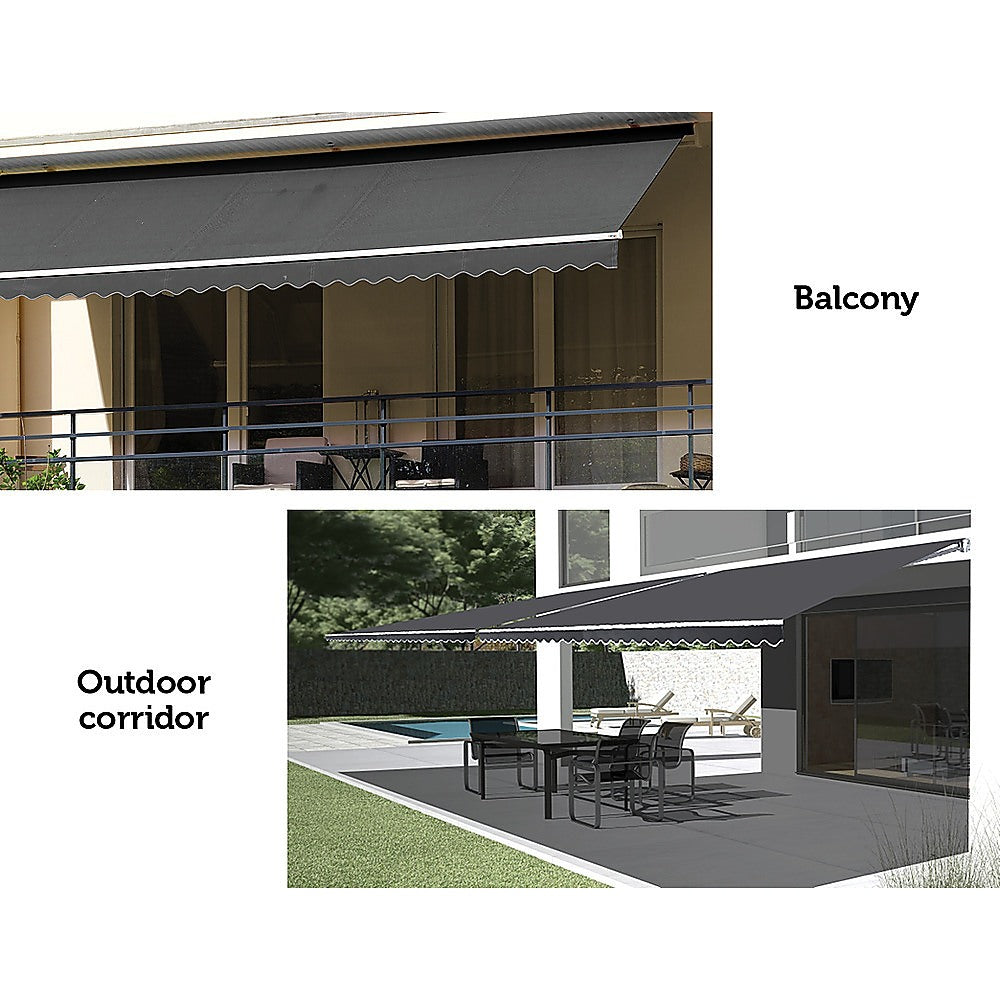 Motorised Outdoor Folding Arm Awning in grey, showcasing its retractable design and scalloped trim, perfect for patios and balconies.