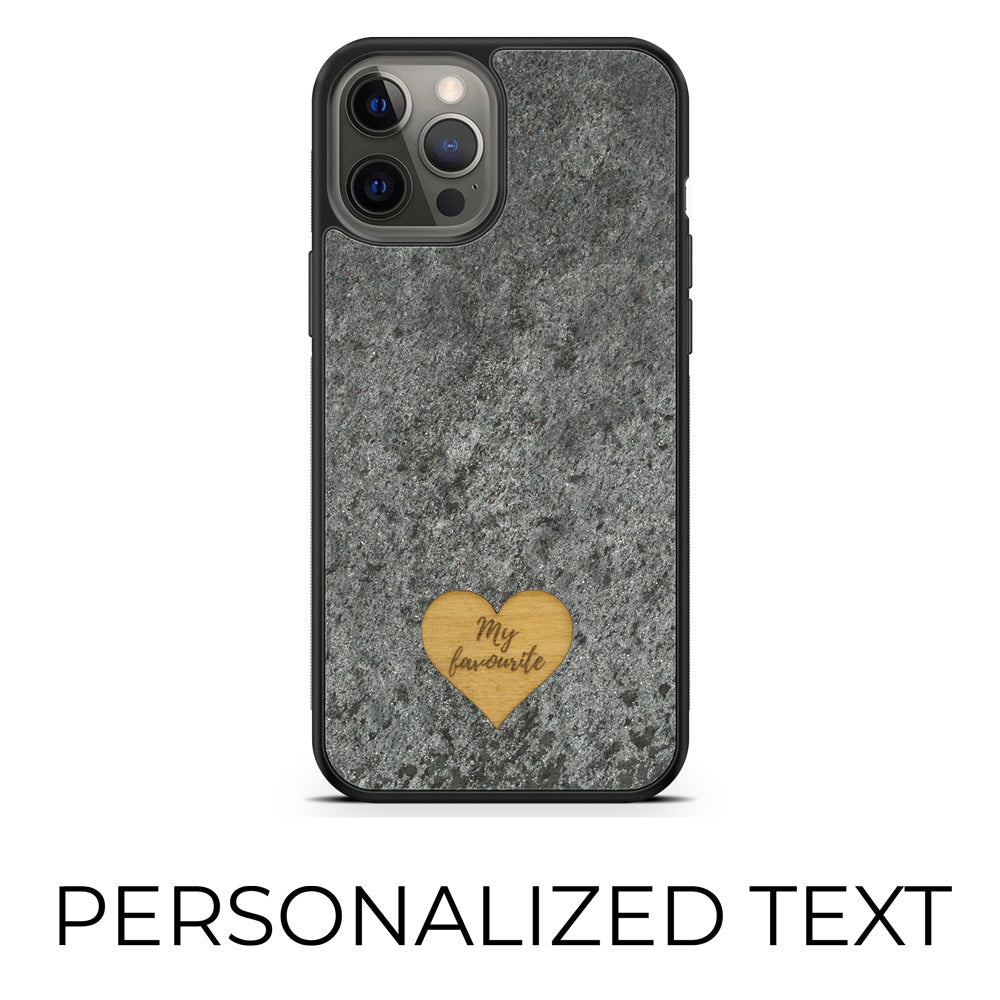 Personalized Mountain Stone phone case featuring a wooden heart with custom text engraving.