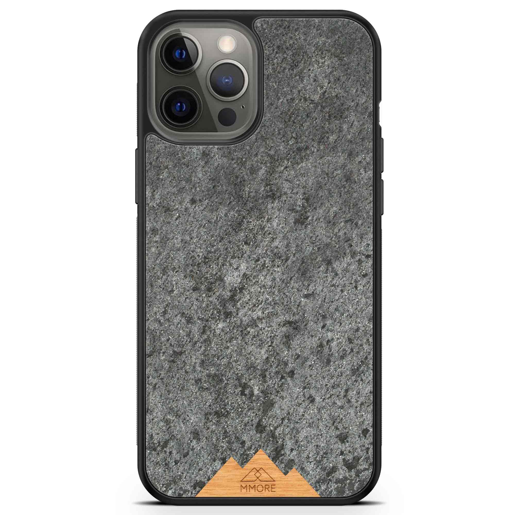 Mountain Stone Phone Case showcasing unique natural texture and sparkly grey color, held in hand against a natural backdrop.