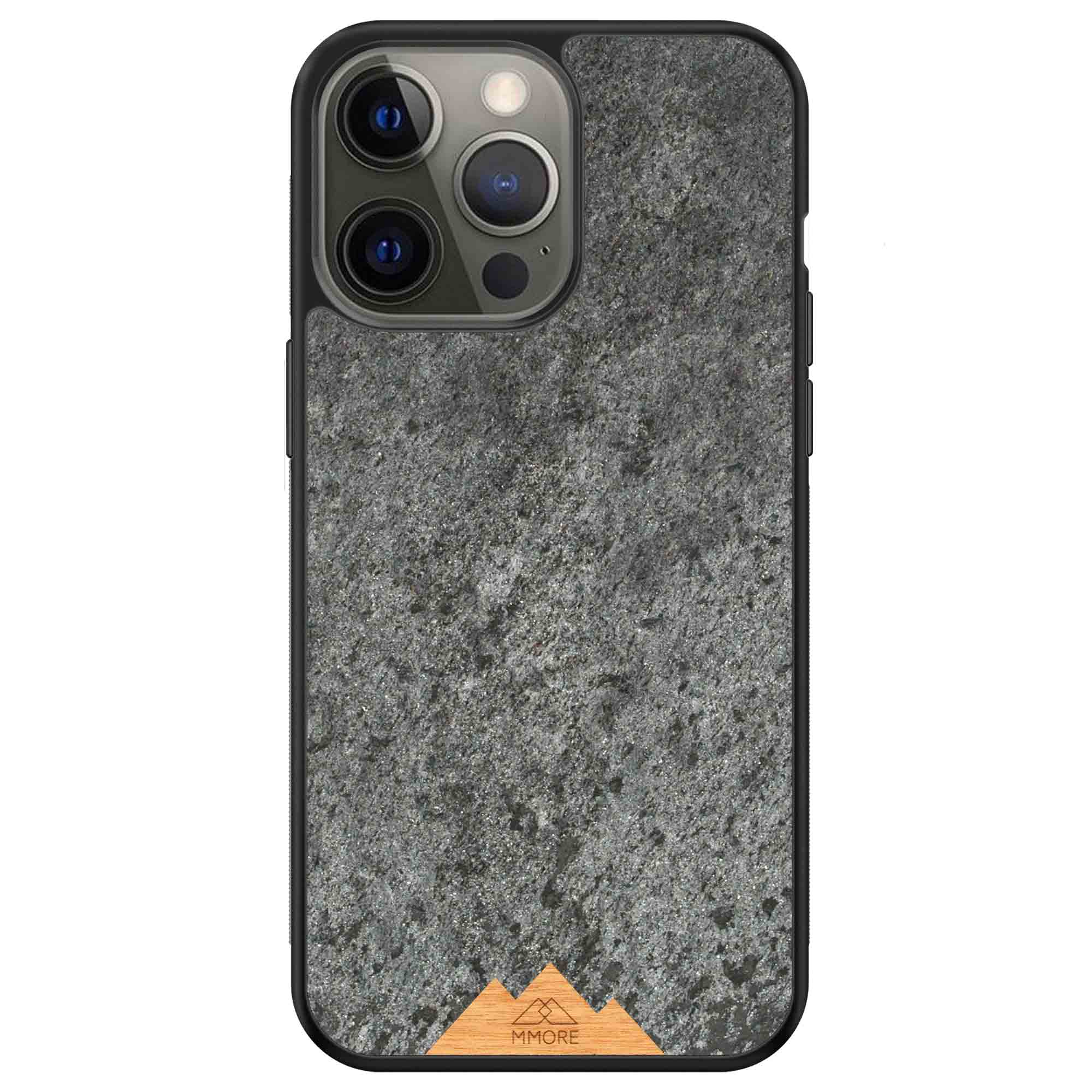 Mountain Stone Phone Case showcasing unique natural texture and sparkly grey color, held in hand against a natural backdrop.