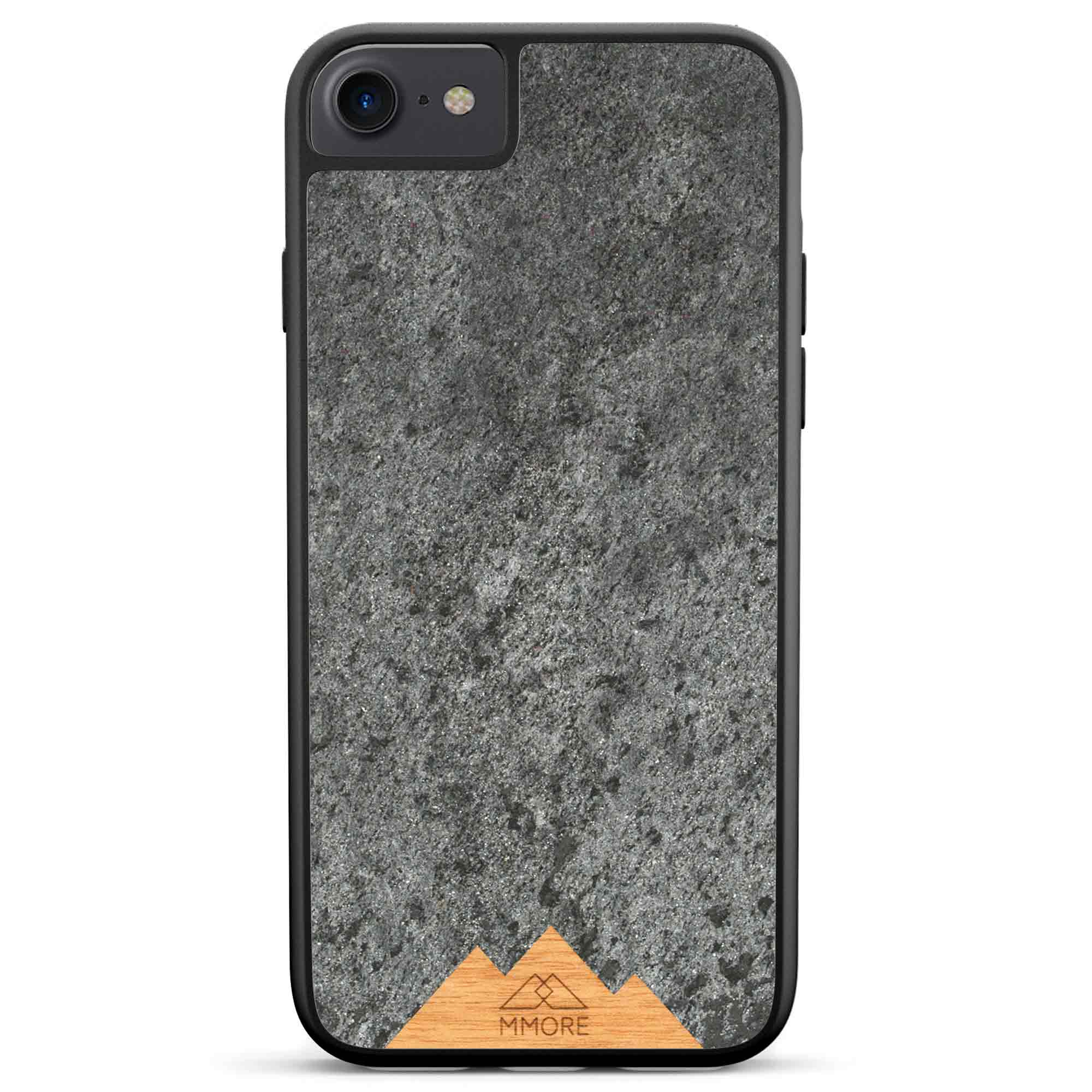 Mountain Stone Phone Case showcasing unique natural texture and sparkly grey color, held in hand against a natural backdrop.