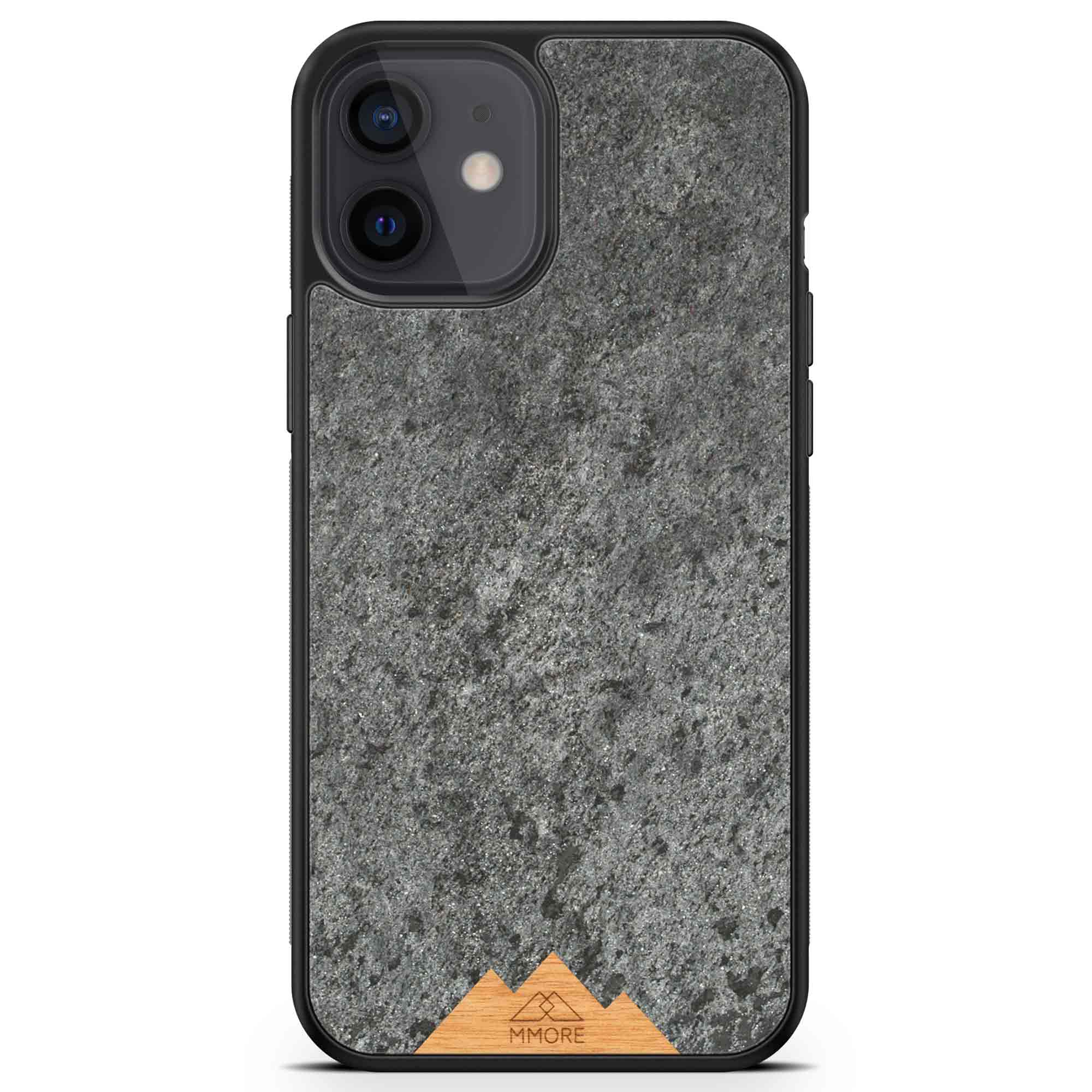 Mountain Stone Phone Case showcasing unique natural texture and sparkly grey color, held in hand against a natural backdrop.