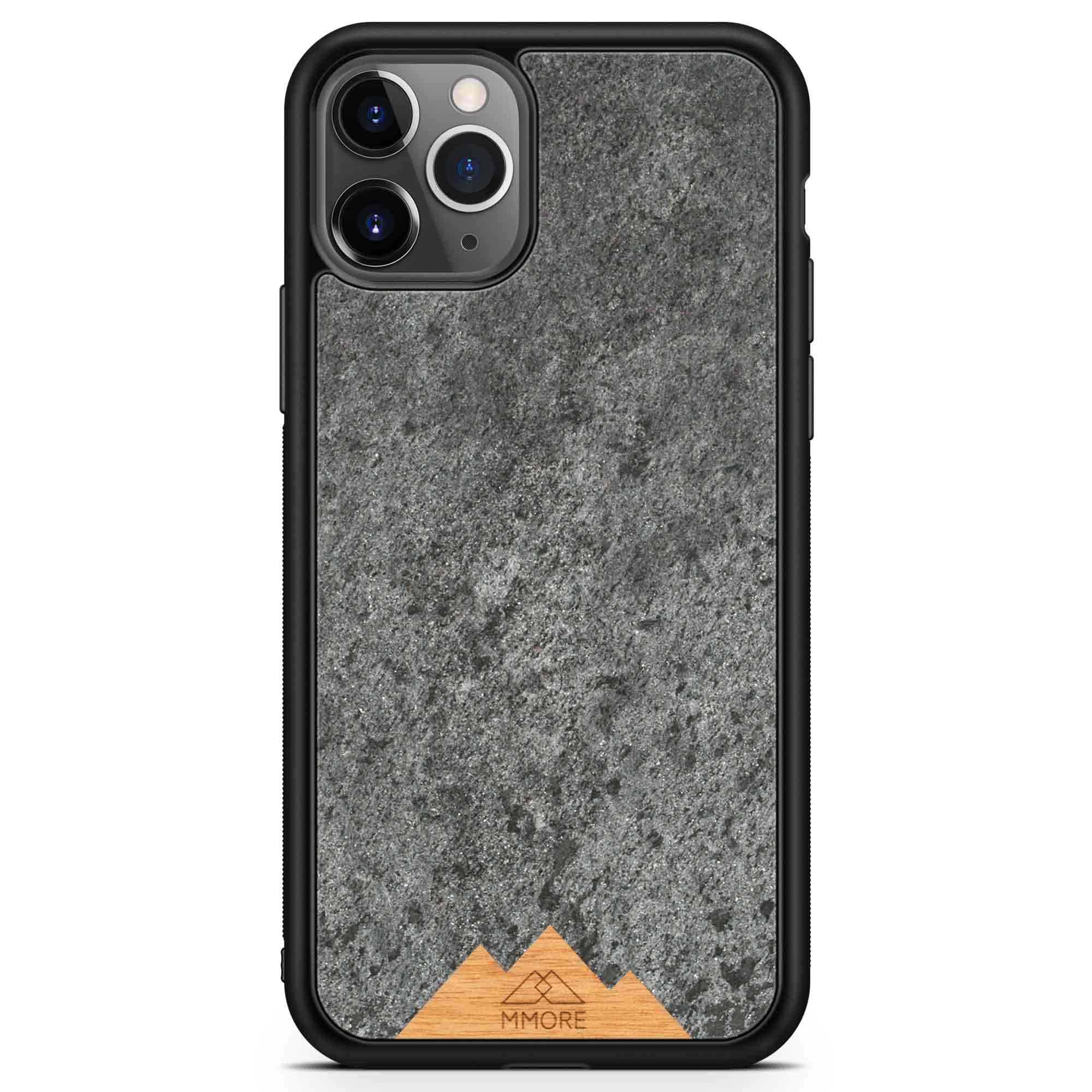 Mountain Stone Phone Case showcasing unique natural texture and sparkly grey color, held in hand against a natural backdrop.