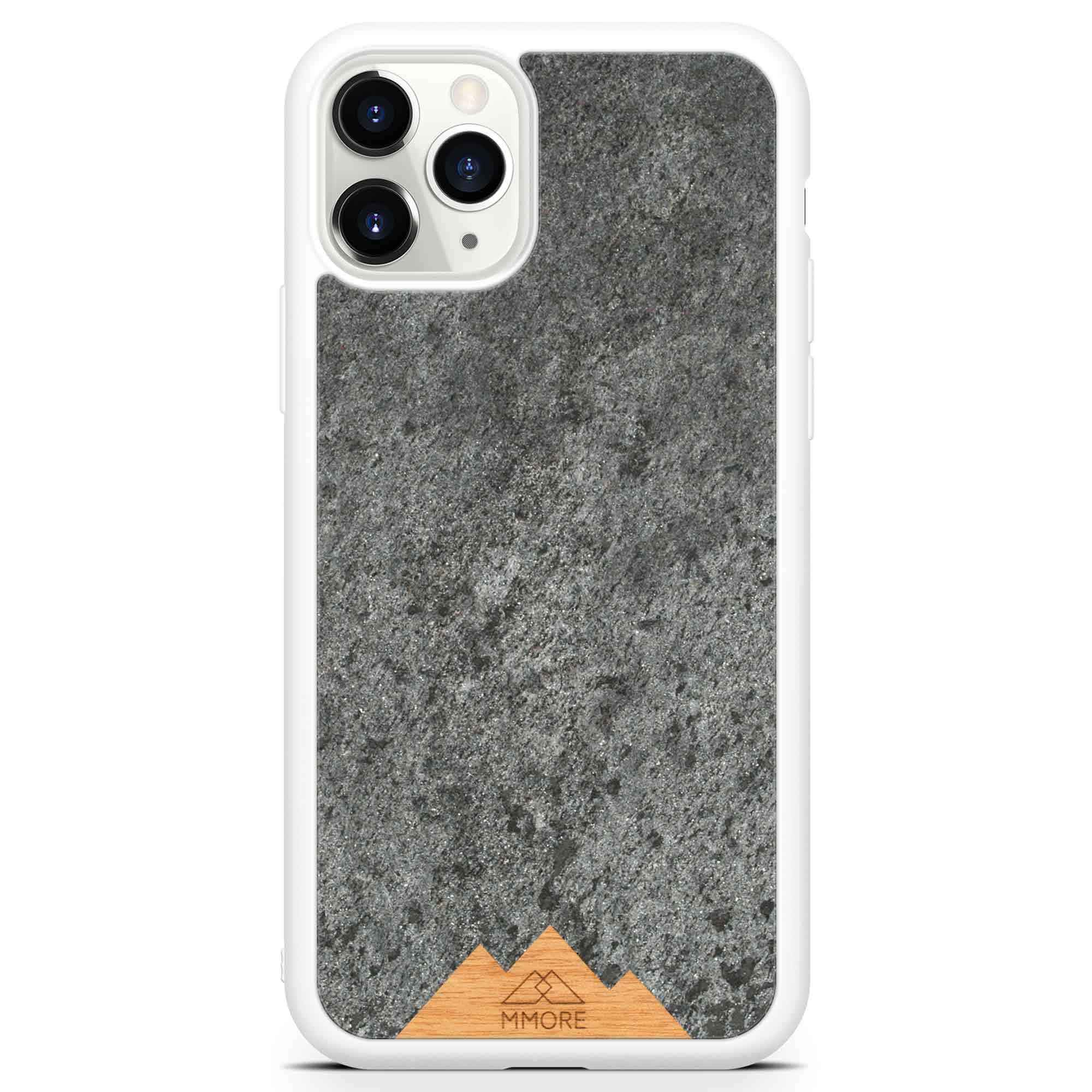 Mountain Stone Phone Case showcasing unique natural texture and sparkly grey color, held in hand against a natural backdrop.