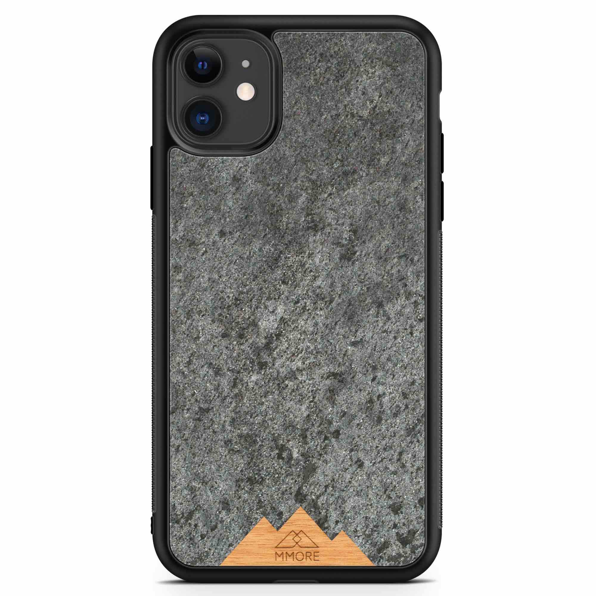 Mountain Stone Phone Case showcasing unique natural texture and sparkly grey color, held in hand against a natural backdrop.