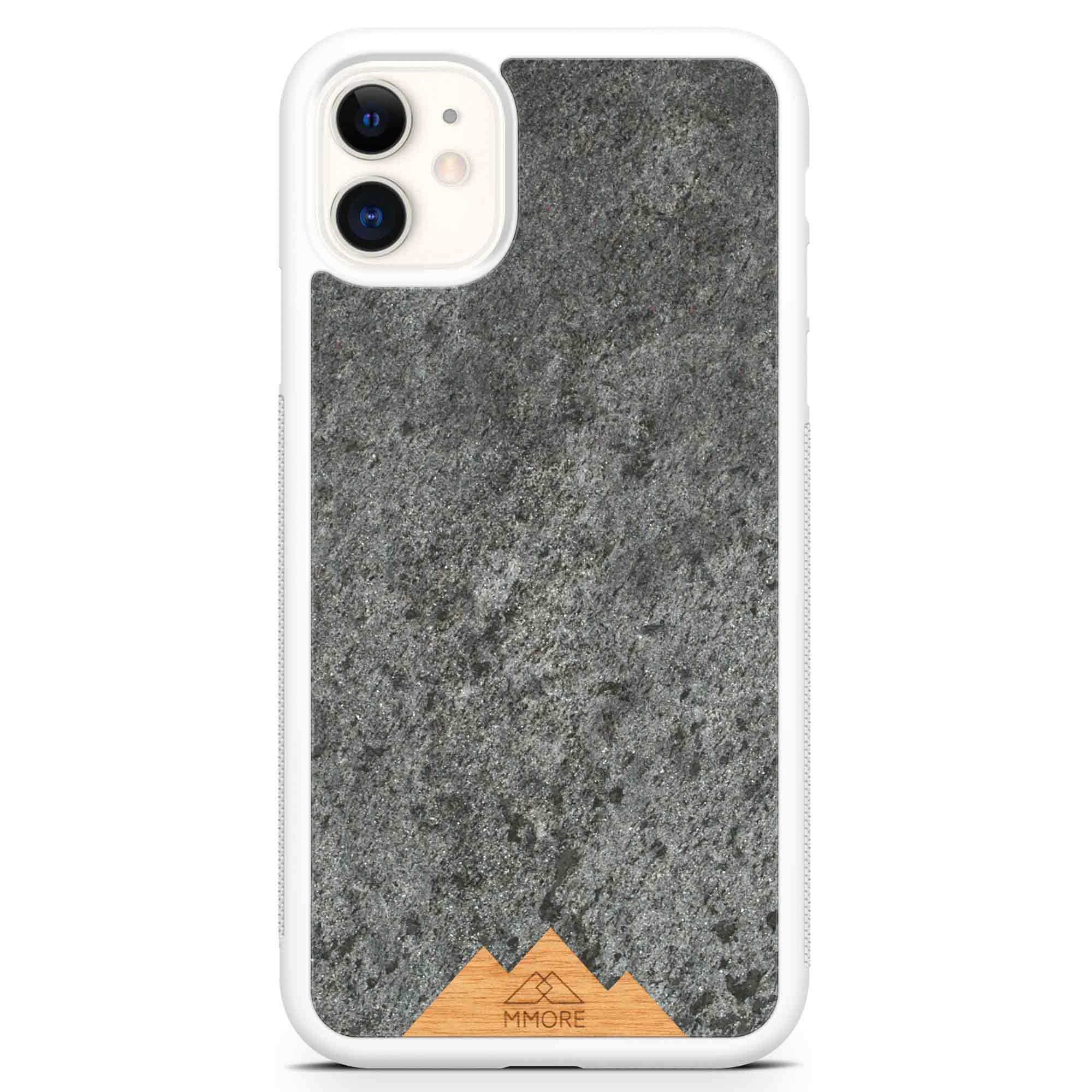 Mountain Stone Phone Case showcasing unique natural texture and sparkly grey color, held in hand against a natural backdrop.