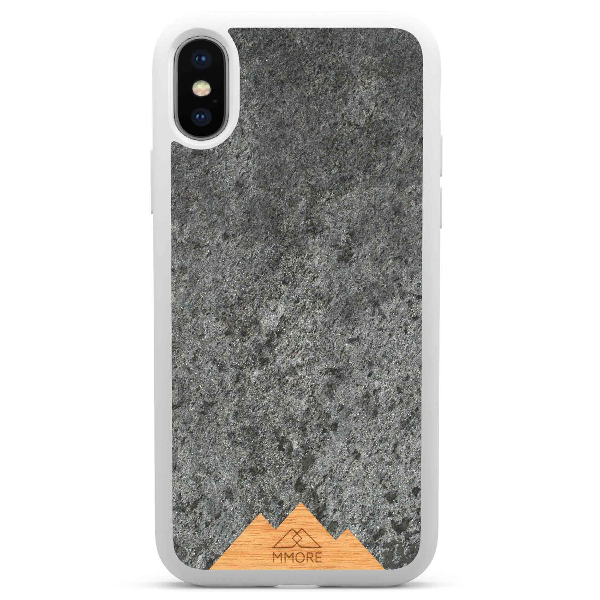 Mountain Stone Phone Case showcasing unique natural texture and sparkly grey color, held in hand against a natural backdrop.