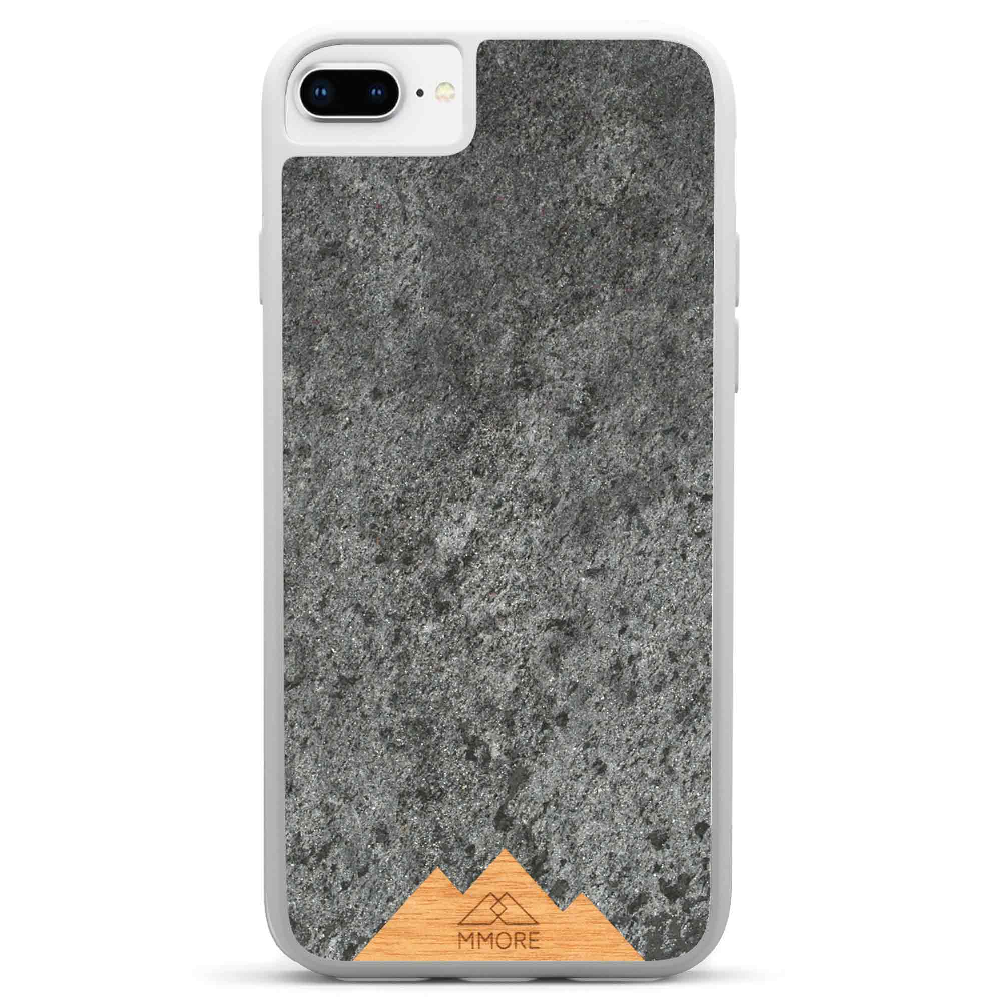 Mountain Stone Phone Case showcasing unique natural texture and sparkly grey color, held in hand against a natural backdrop.