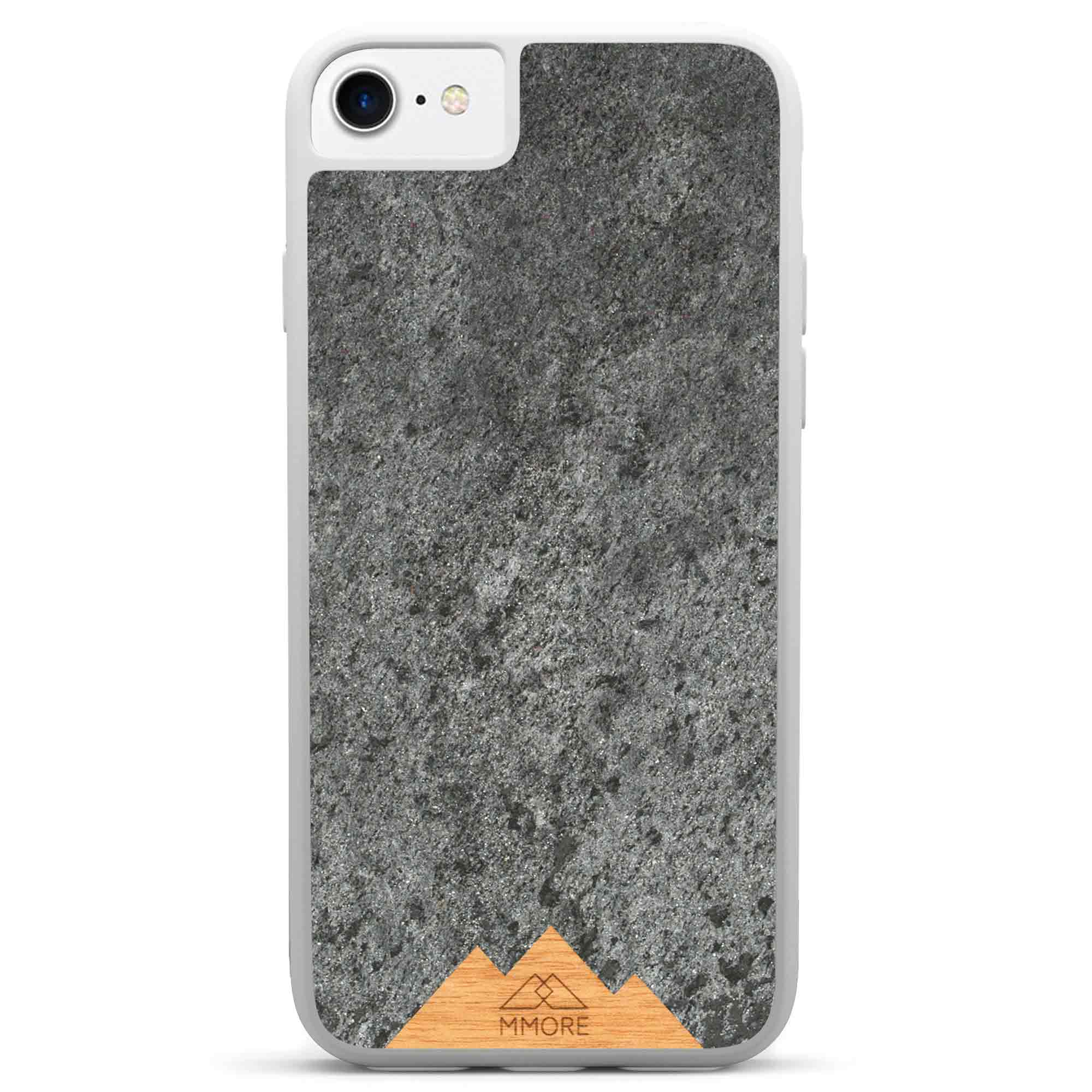 Mountain Stone Phone Case showcasing unique natural texture and sparkly grey color, held in hand against a natural backdrop.