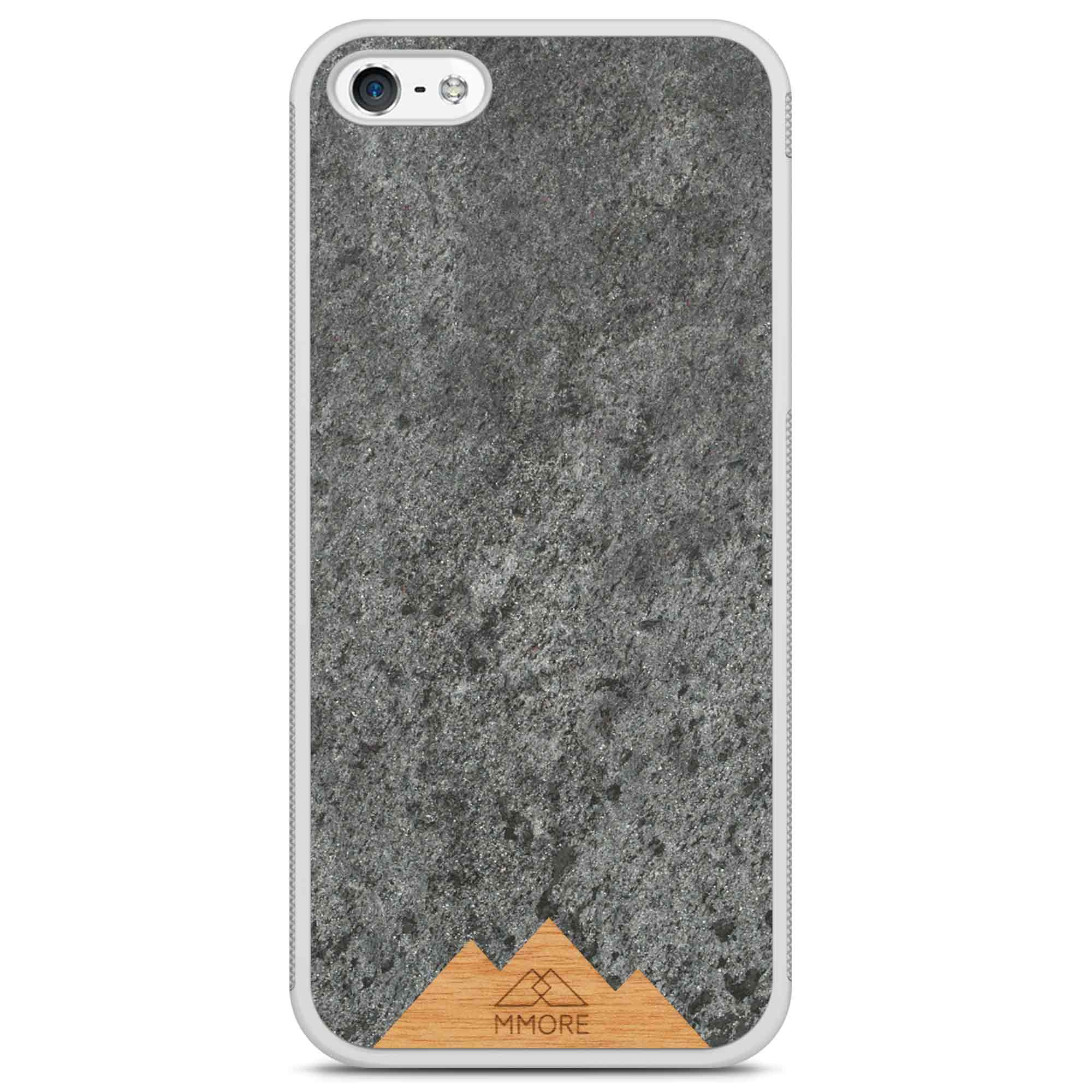 Mountain Stone Phone Case showcasing unique natural texture and sparkly grey color, held in hand against a natural backdrop.