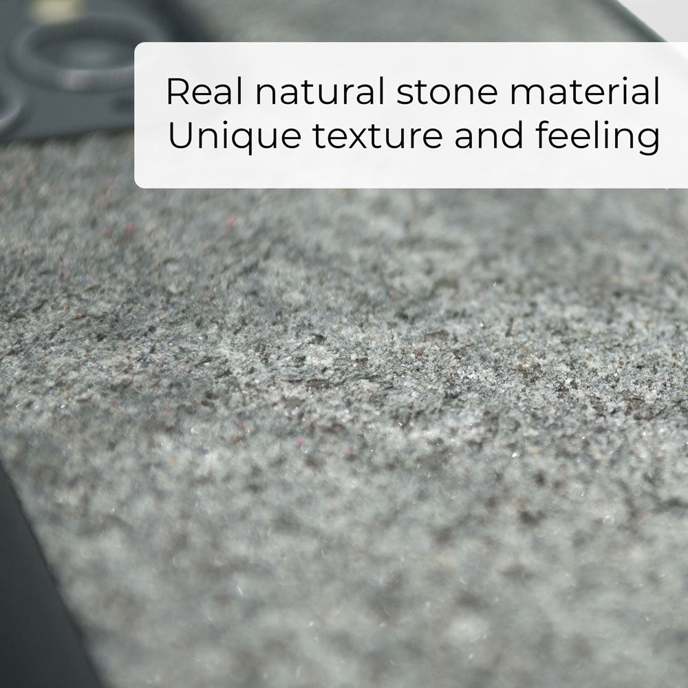 Mountain Stone Phone Case showcasing unique natural texture and sparkly grey color, held in hand against a natural backdrop.