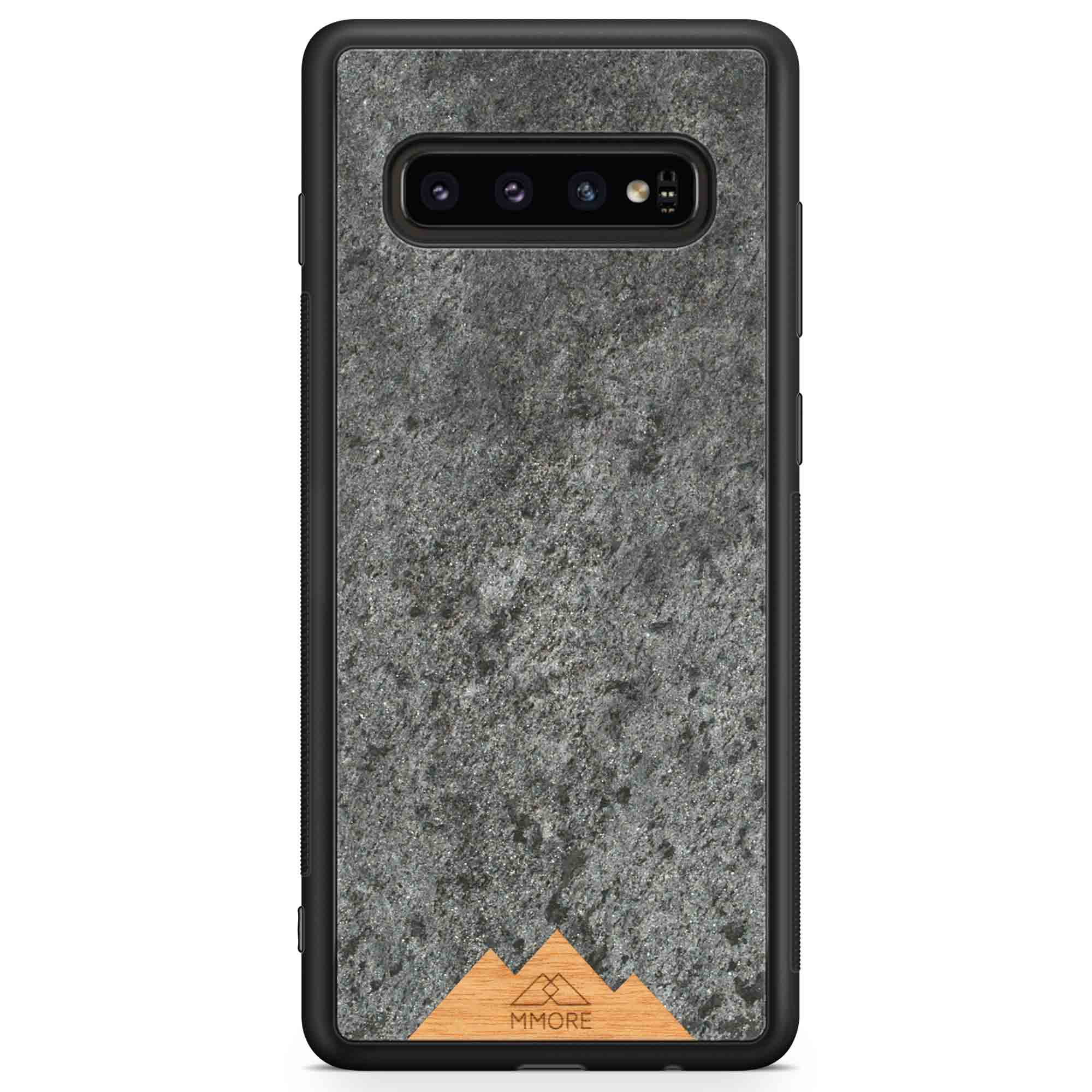 Mountain Stone Phone Case showcasing unique natural texture and sparkly grey color, held in hand against a natural backdrop.