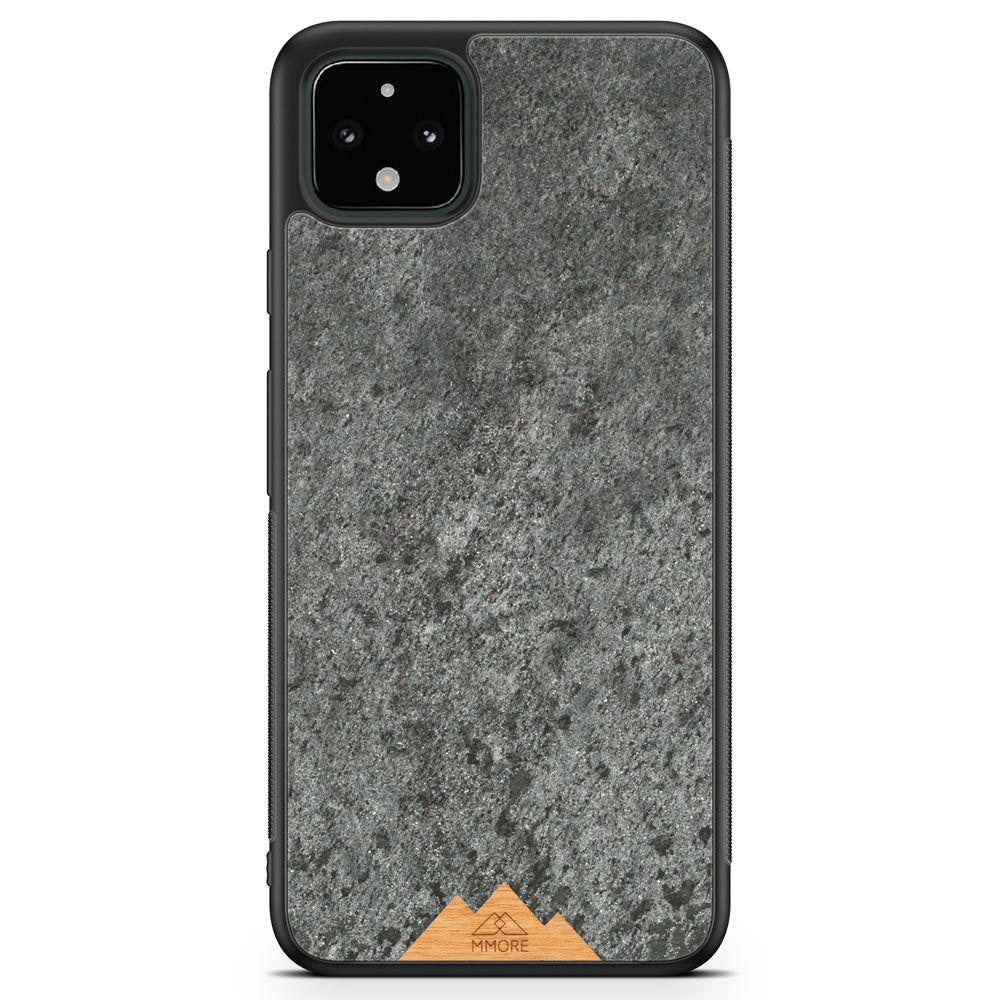 Mountain Stone Phone Case showcasing unique natural texture and sparkly grey color, held in hand against a natural backdrop.