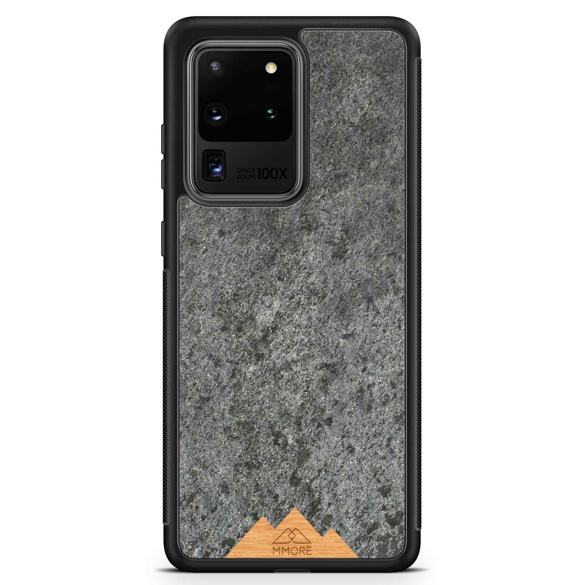 Mountain Stone Phone Case showcasing unique natural texture and sparkly grey color, held in hand against a natural backdrop.