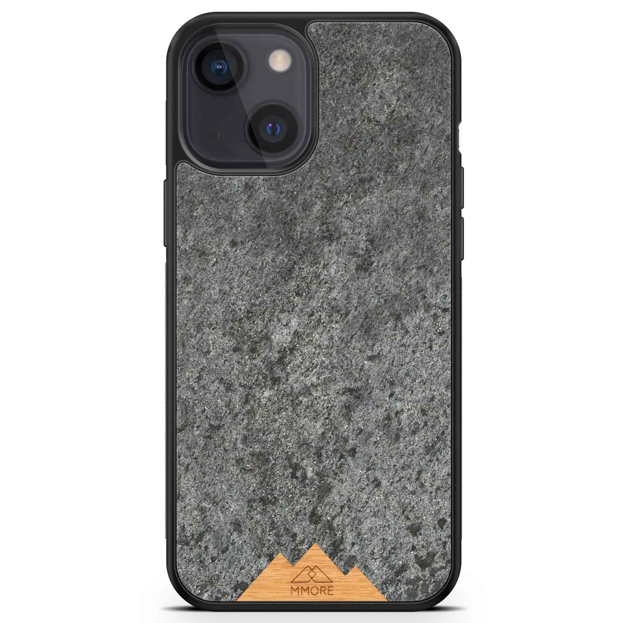 Mountain Stone Phone Case showcasing unique natural texture and sparkly grey color, held in hand against a natural backdrop.