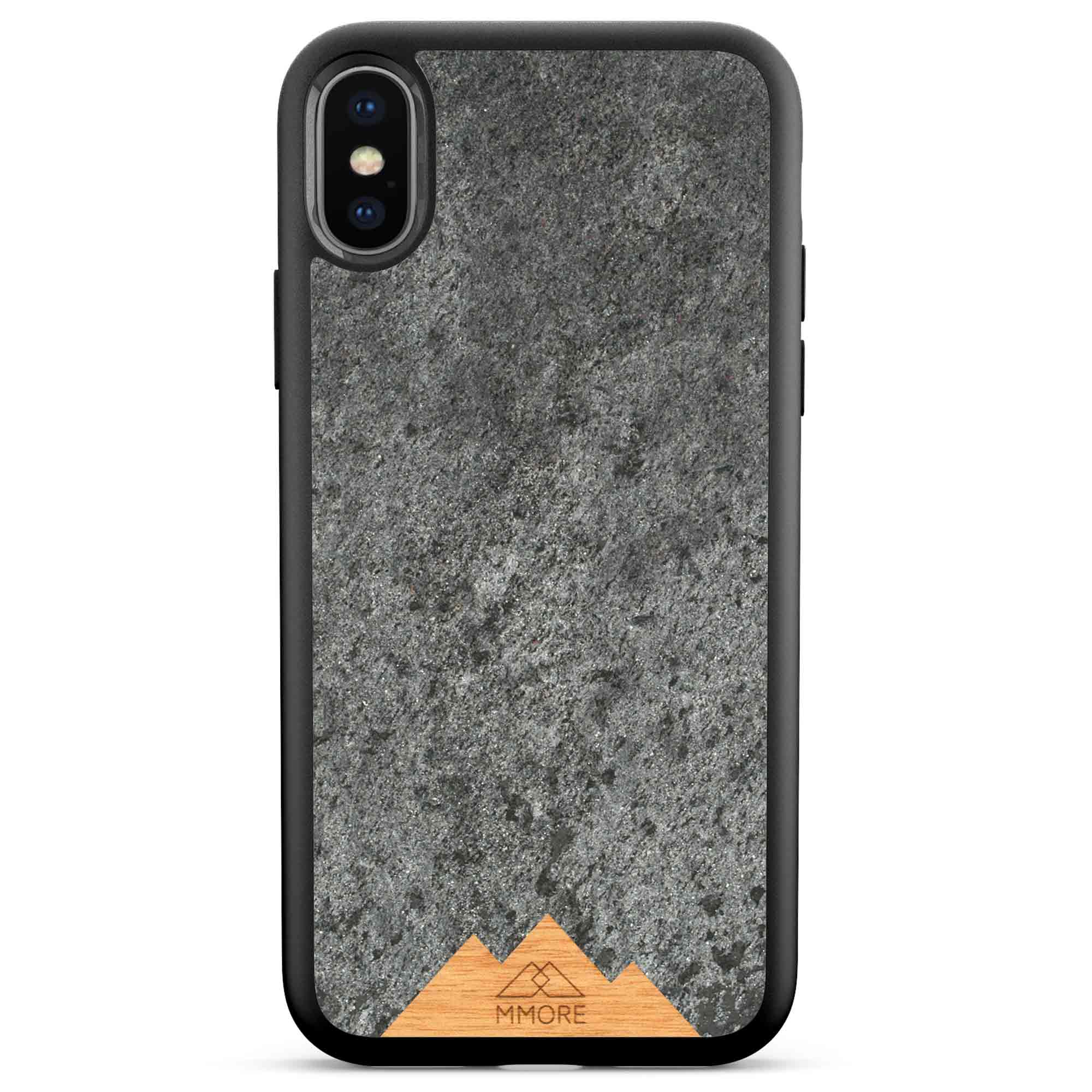 Mountain Stone Phone Case showcasing unique natural texture and sparkly grey color, held in hand against a natural backdrop.