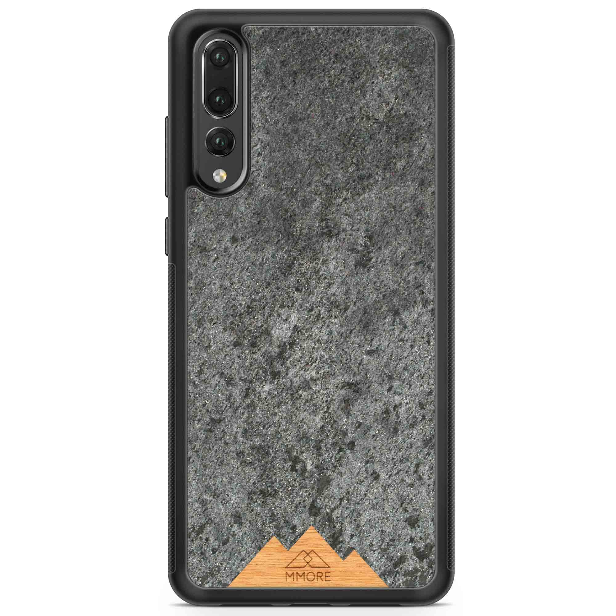 Mountain Stone Phone Case showcasing unique natural texture and sparkly grey color, held in hand against a natural backdrop.