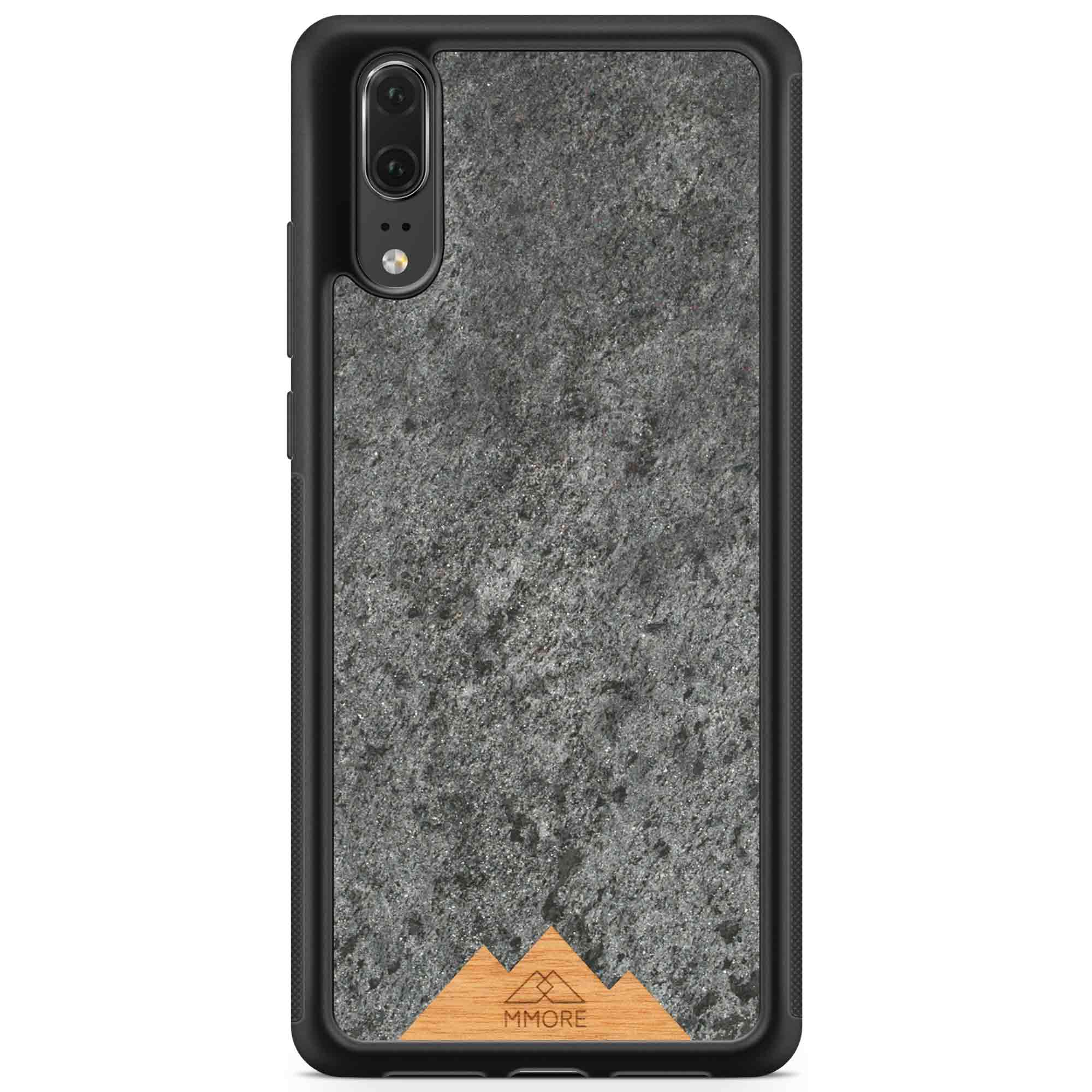 Mountain Stone Phone Case showcasing unique natural texture and sparkly grey color, held in hand against a natural backdrop.