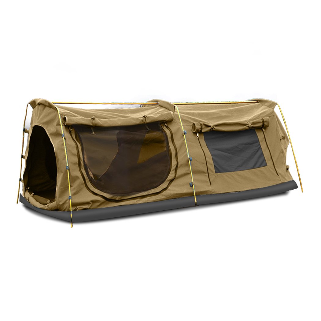 Mountview Double King Swag Camping Tent in khaki color, showcasing its durable canvas material and spacious design for outdoor camping.