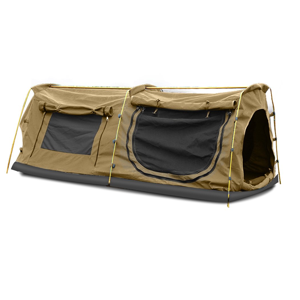 Mountview Double King Swag Camping Tent in khaki color, showcasing its durable canvas material and spacious design for outdoor camping.