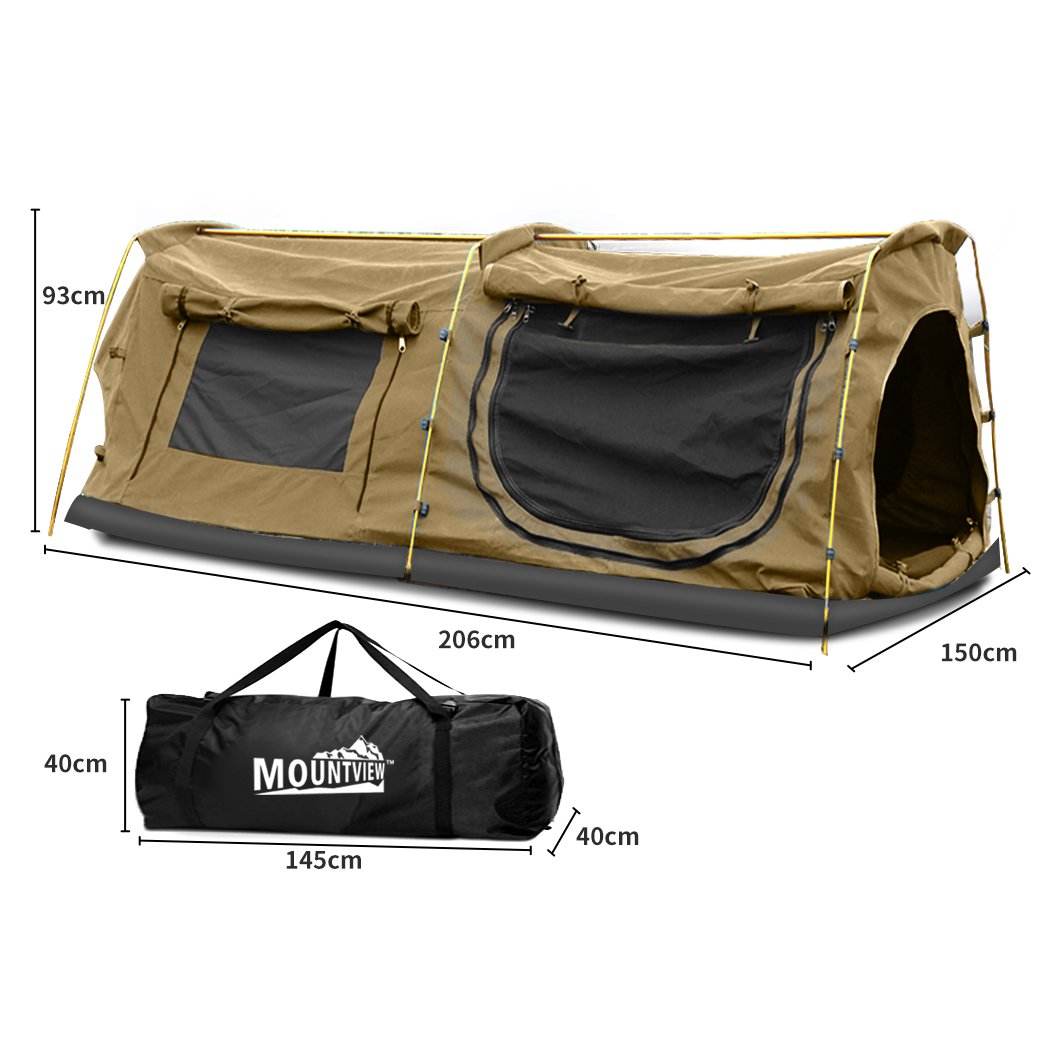 Mountview Double King Swag Camping Tent in khaki color, showcasing its durable canvas material and spacious design for outdoor camping.