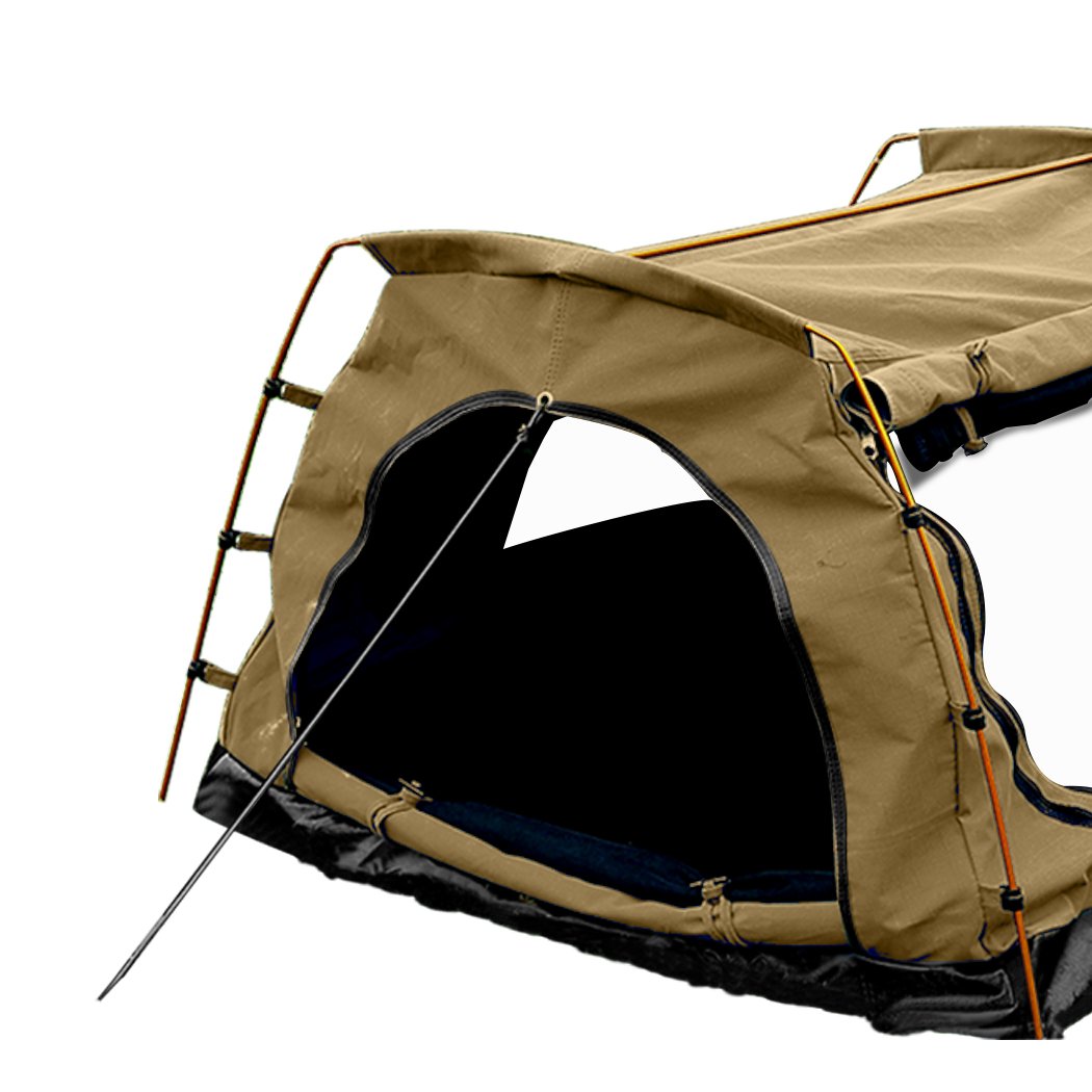 Mountview Double King Swag Camping Tent in khaki color, showcasing its durable canvas material and spacious design for outdoor camping.