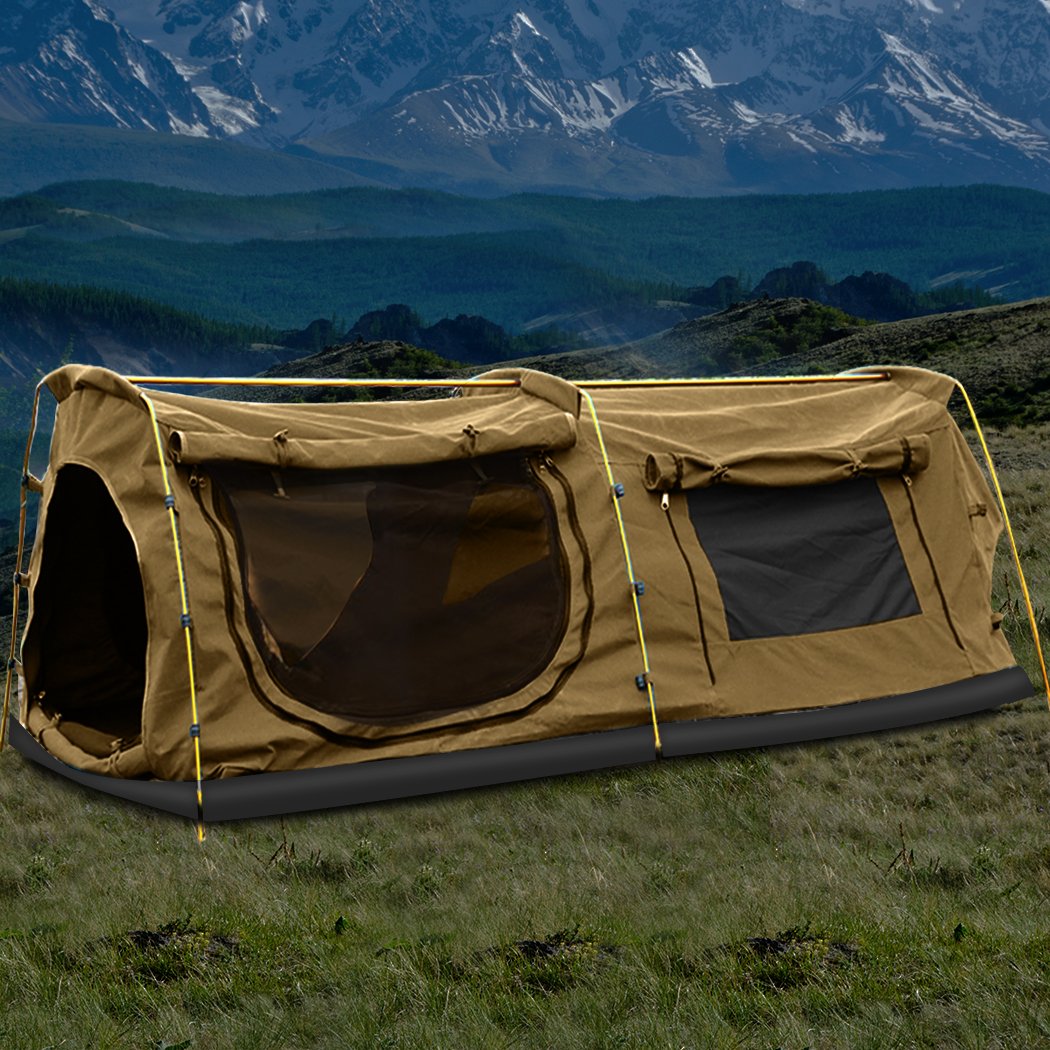 Mountview Double King Swag Camping Tent in khaki color, showcasing its durable canvas material and spacious design for outdoor camping.