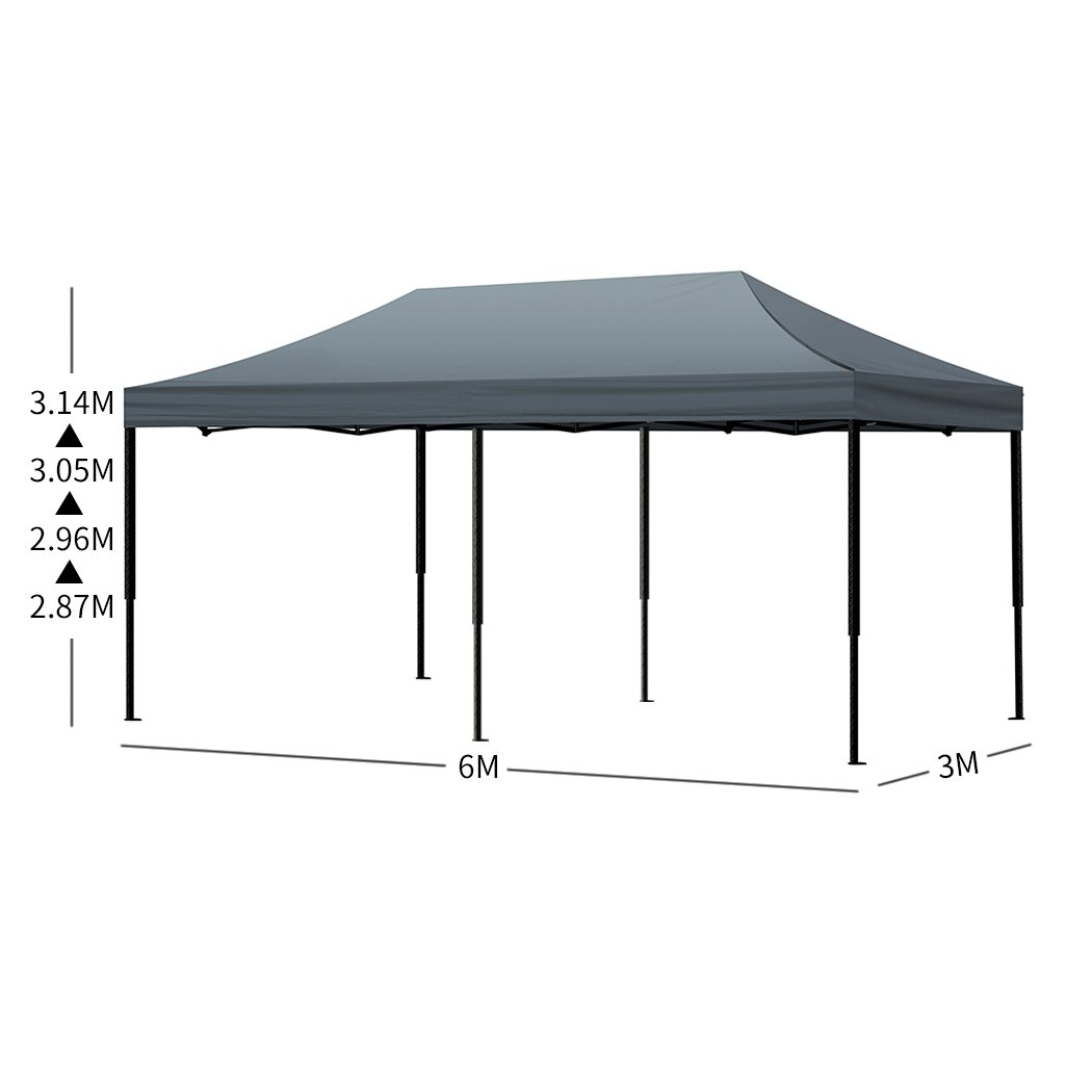 Mountview Gazebo Tent 3x6 with dark grey fabric and steel frame, set up outdoors providing shade and protection.