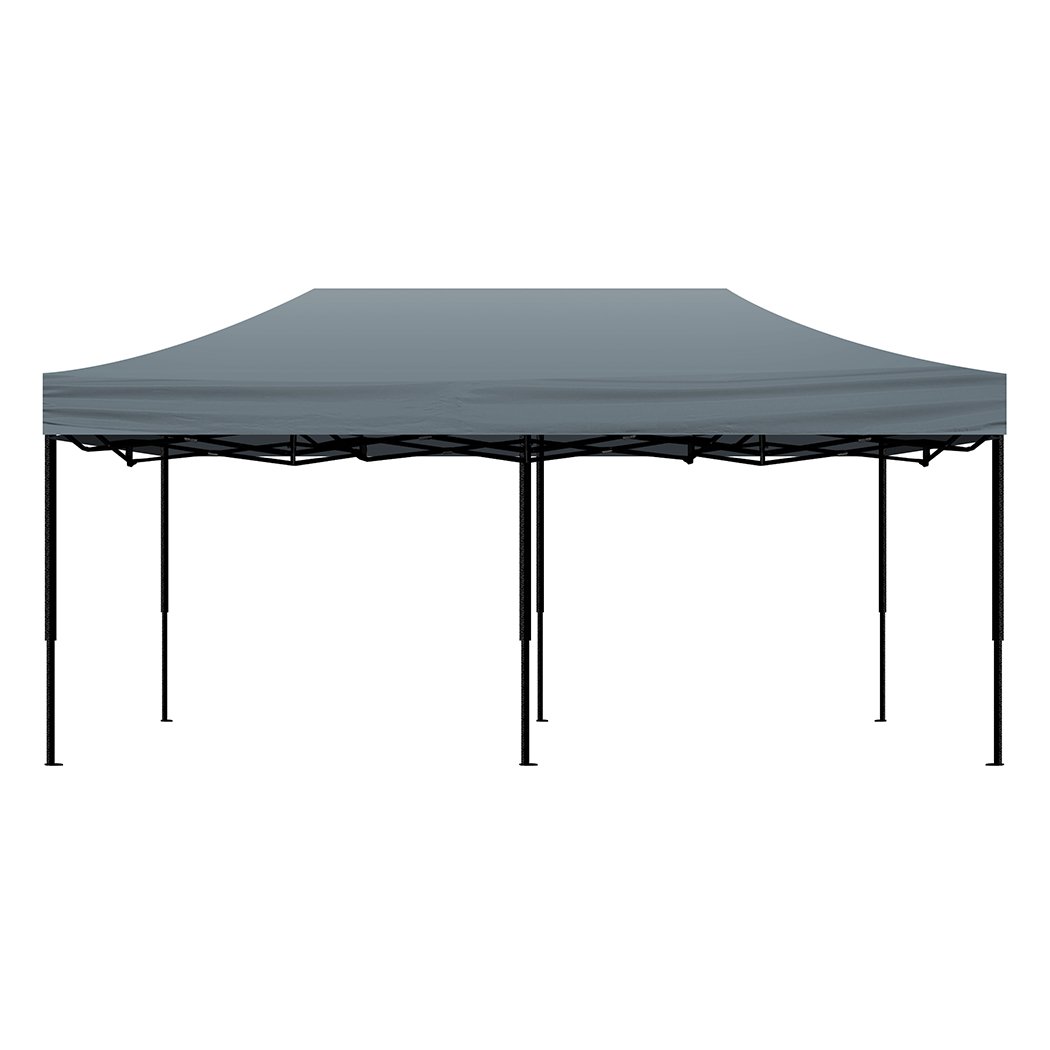 Mountview Gazebo Tent 3x6 with dark grey fabric and steel frame, set up outdoors providing shade and protection.