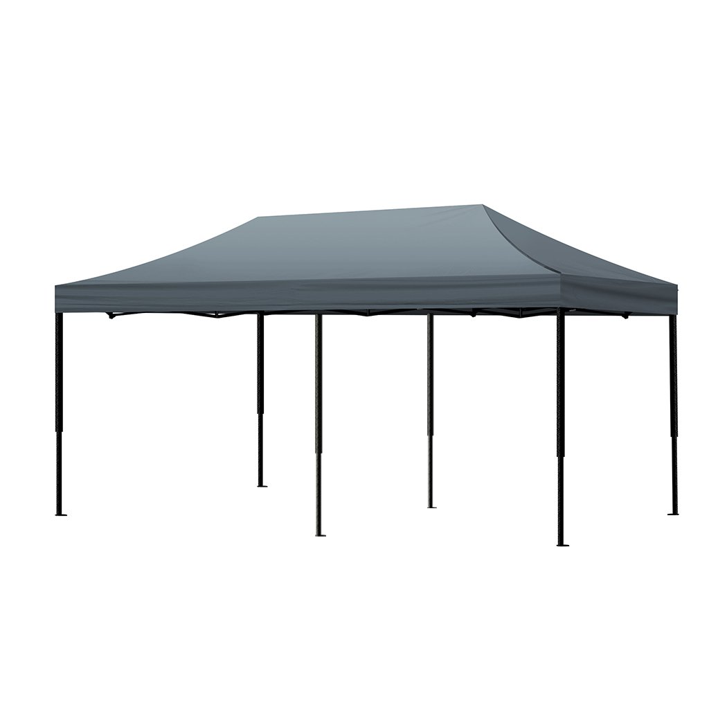 Mountview Gazebo Tent 3x6 with dark grey fabric and steel frame, set up outdoors providing shade and protection.