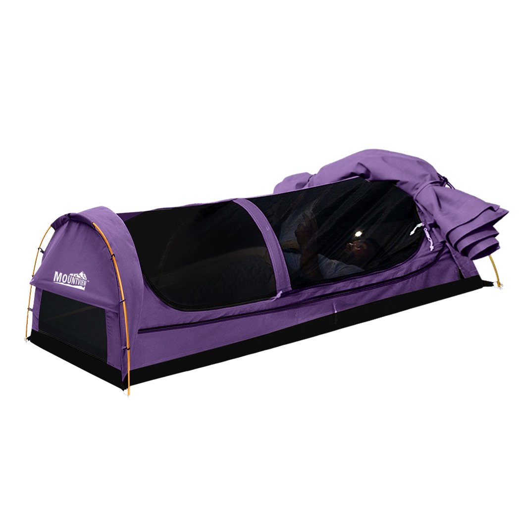 Mountview King Single Swag Camping Swag in purple, showcasing its durable canvas, high-density mattress, and sturdy aluminium poles.