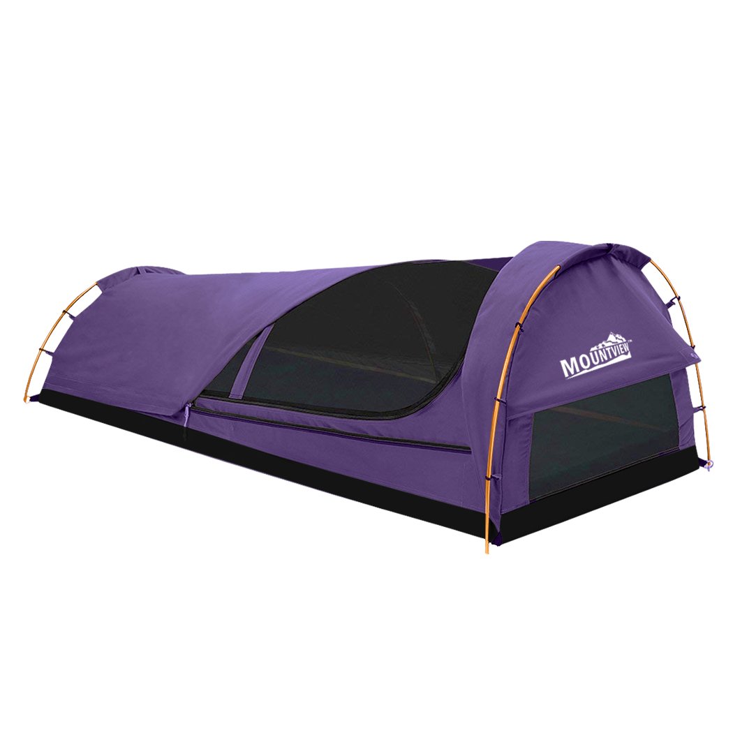 Mountview King Single Swag Camping Swag in purple, showcasing its durable canvas, high-density mattress, and sturdy aluminium poles.