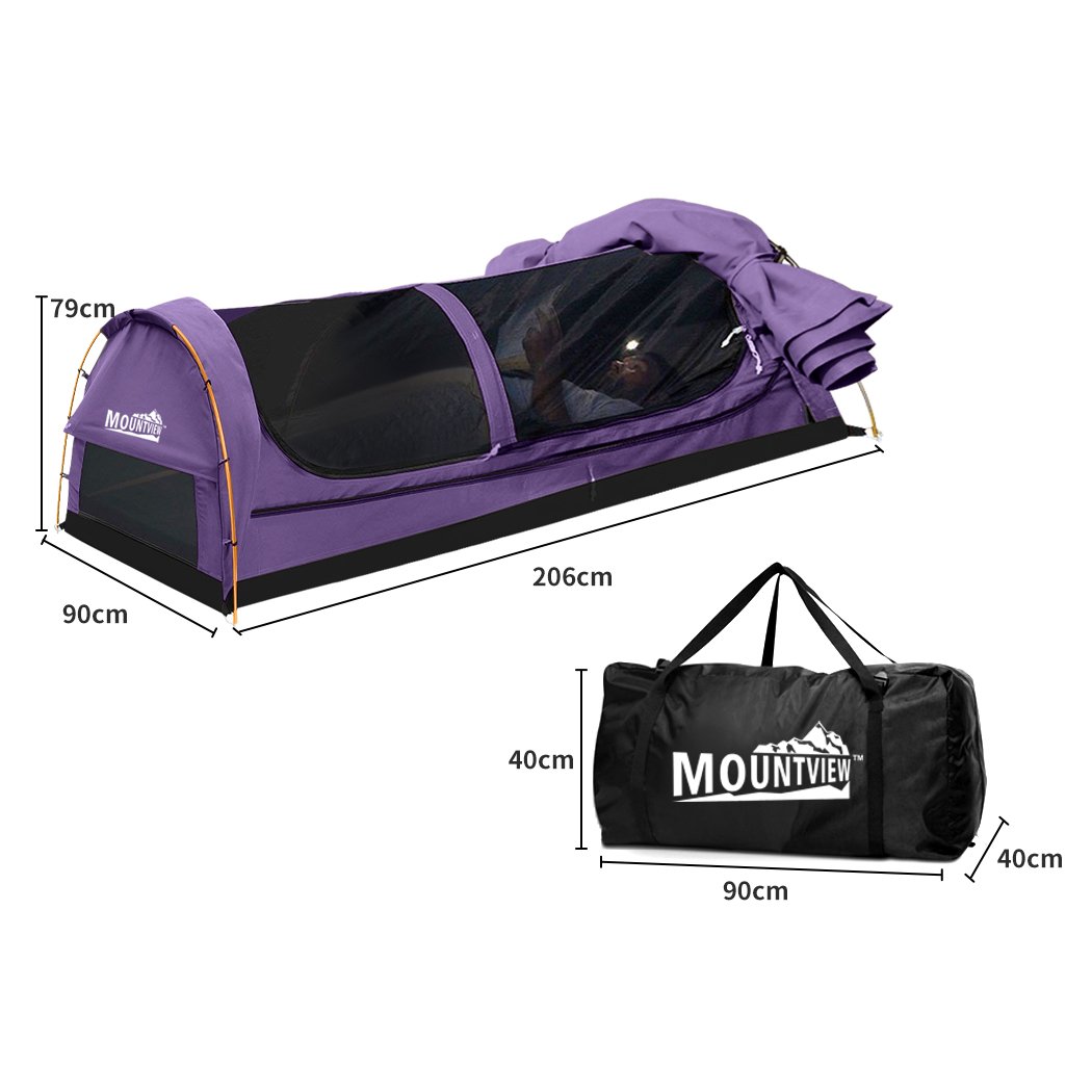 Mountview King Single Swag Camping Swag in purple, showcasing its durable canvas, high-density mattress, and sturdy aluminium poles.