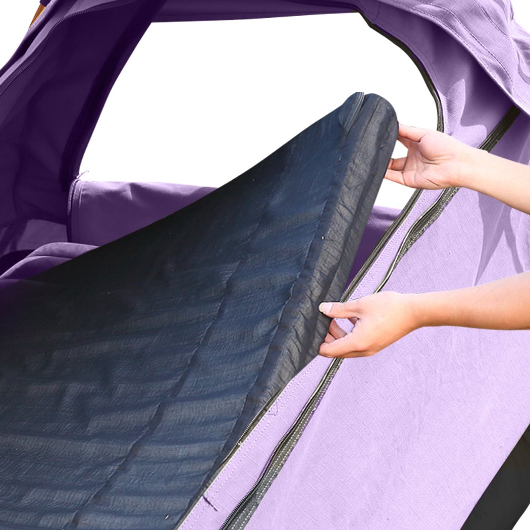 Mountview King Single Swag Camping Swag in purple, showcasing its durable canvas, high-density mattress, and sturdy aluminium poles.