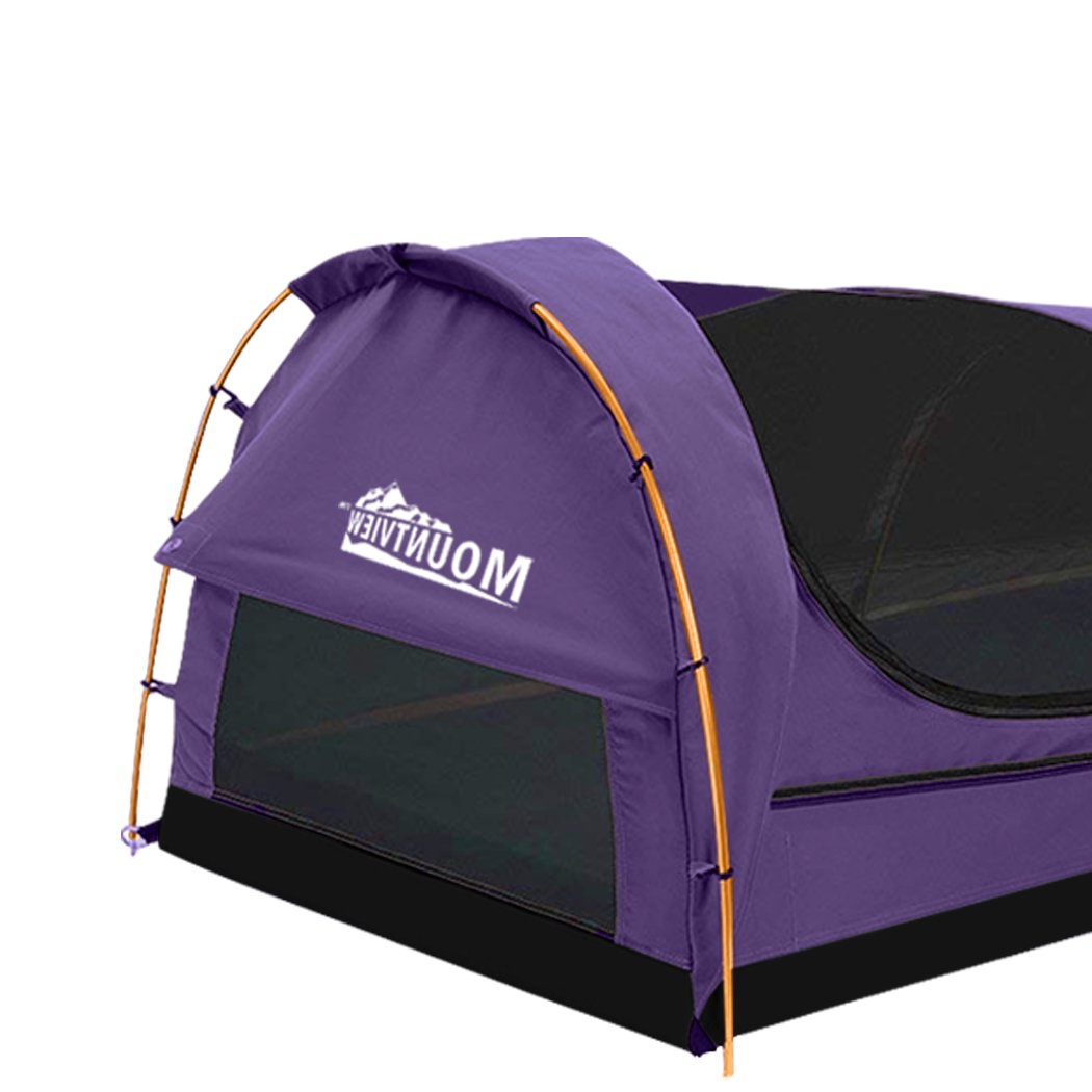 Mountview King Single Swag Camping Swag in purple, showcasing its durable canvas, high-density mattress, and sturdy aluminium poles.