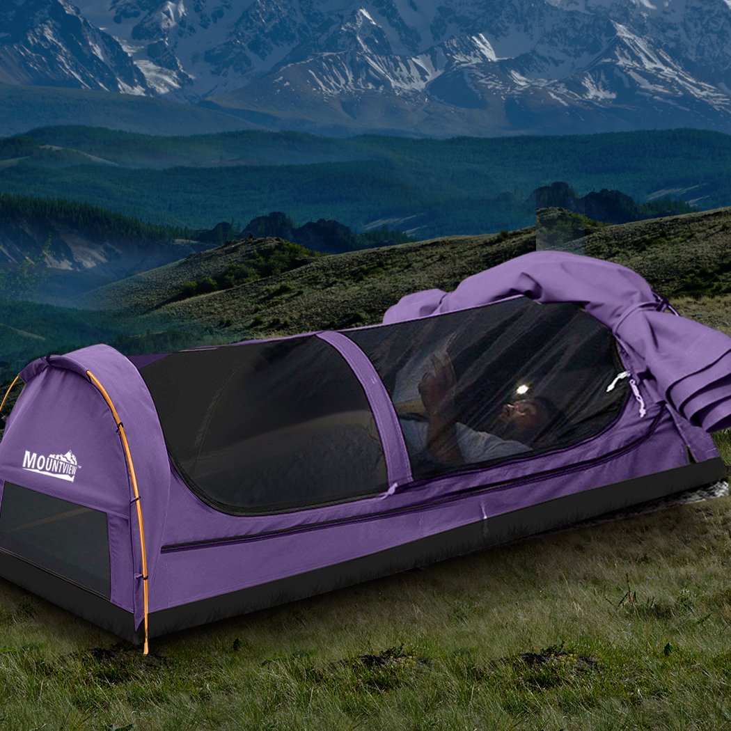 Mountview King Single Swag Camping Swag in purple, showcasing its durable canvas, high-density mattress, and sturdy aluminium poles.