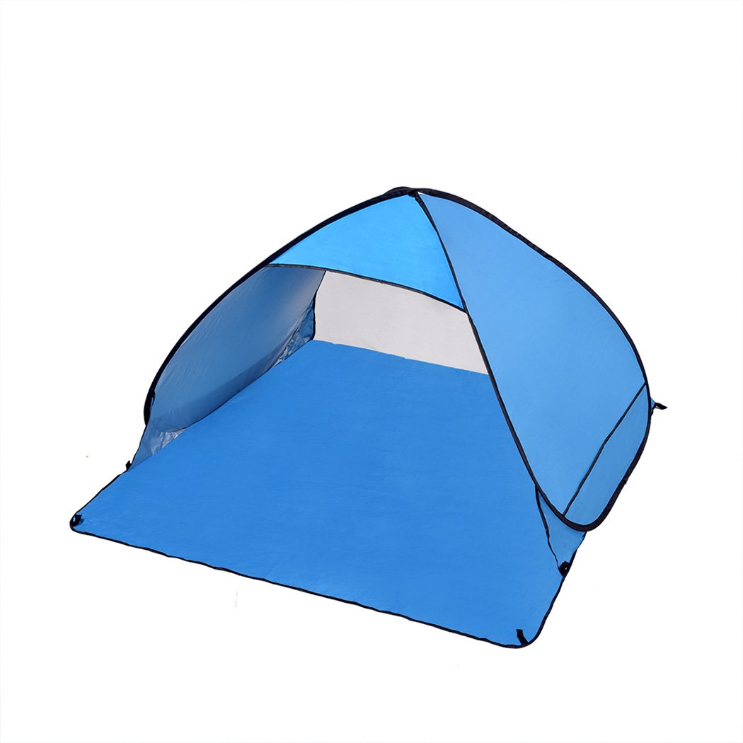 Mountview Pop Up Beach Tent for 2 persons, featuring a blue design, interwoven mesh, and a carry bag, ideal for outdoor activities.