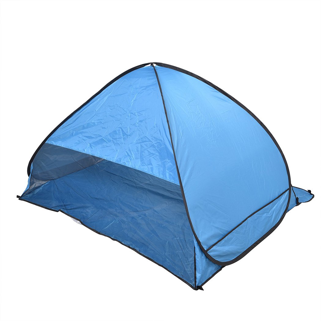 Mountview Pop Up Beach Tent for 2 persons, featuring a blue design, interwoven mesh, and a carry bag, ideal for outdoor activities.