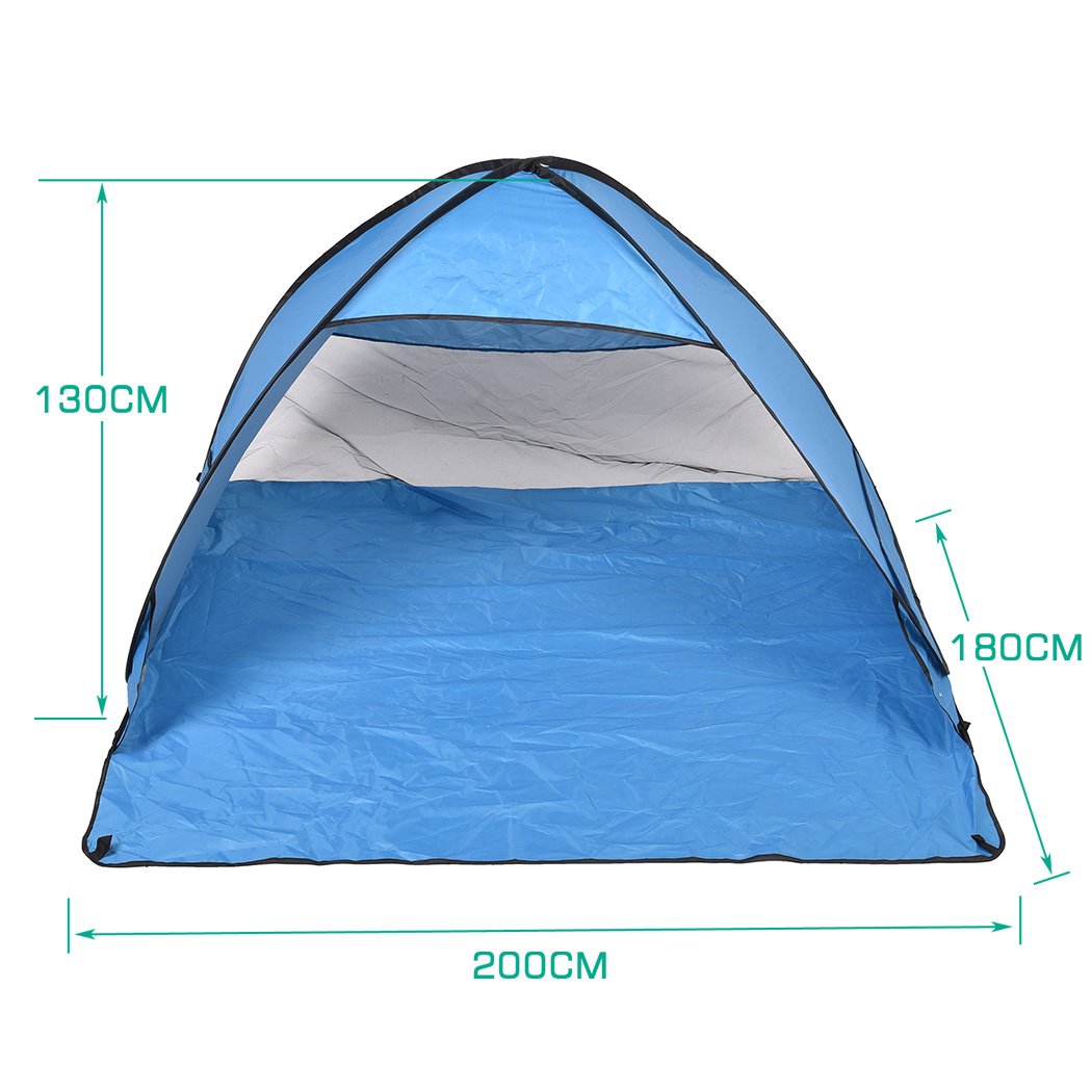 Mountview Pop Up Beach Tent for 2 persons, featuring a blue design, interwoven mesh, and a carry bag, ideal for outdoor activities.