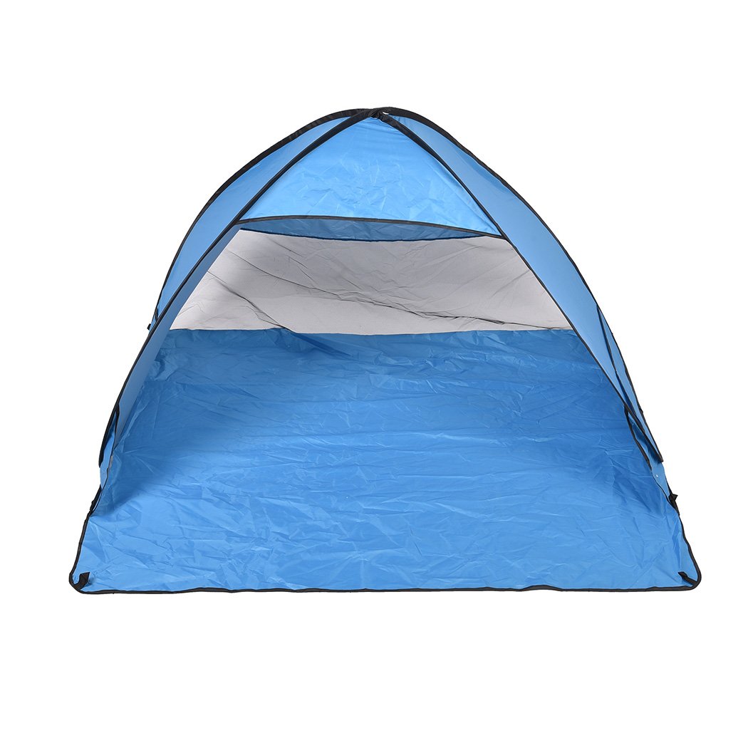 Mountview Pop Up Beach Tent for 2 persons, featuring a blue design, interwoven mesh, and a carry bag, ideal for outdoor activities.