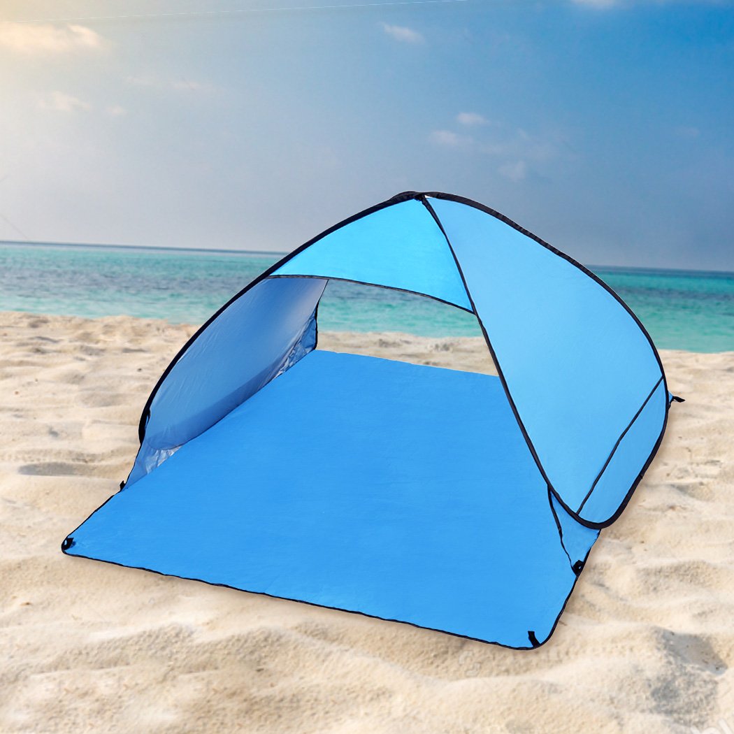 Mountview Pop Up Beach Tent for 2 persons, featuring a blue design, interwoven mesh, and a carry bag, ideal for outdoor activities.