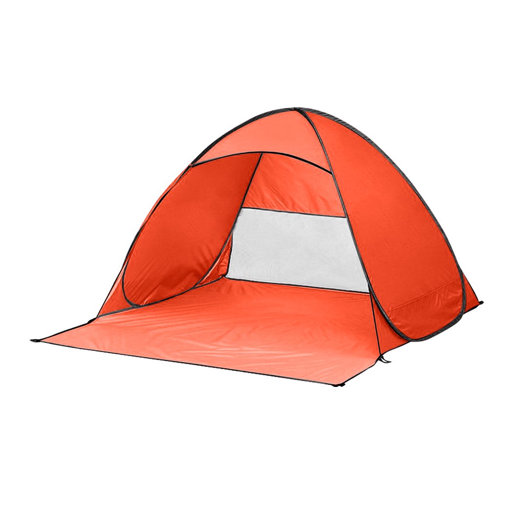 Mountview Pop Up Beach Tent in vibrant orange color, spacious enough for 4 people, set up on a sandy beach with a clear blue sky.