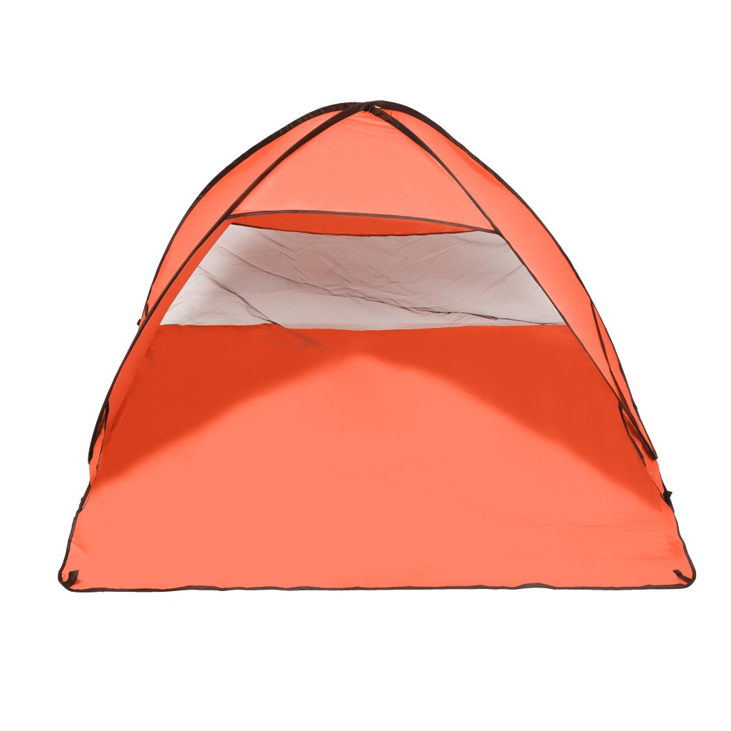 Mountview Pop Up Beach Tent in vibrant orange color, spacious enough for 4 people, set up on a sandy beach with a clear blue sky.