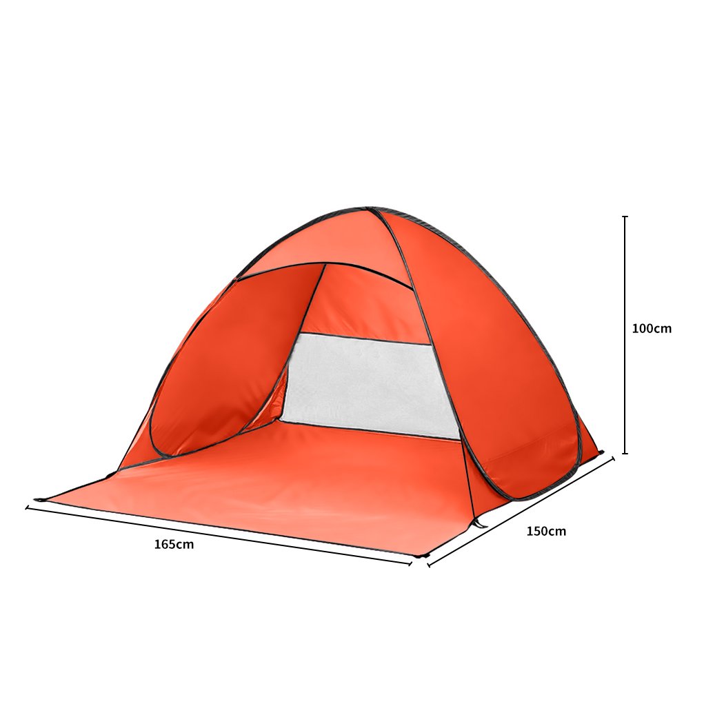 Mountview Pop Up Beach Tent in vibrant orange color, spacious enough for 4 people, set up on a sandy beach with a clear blue sky.