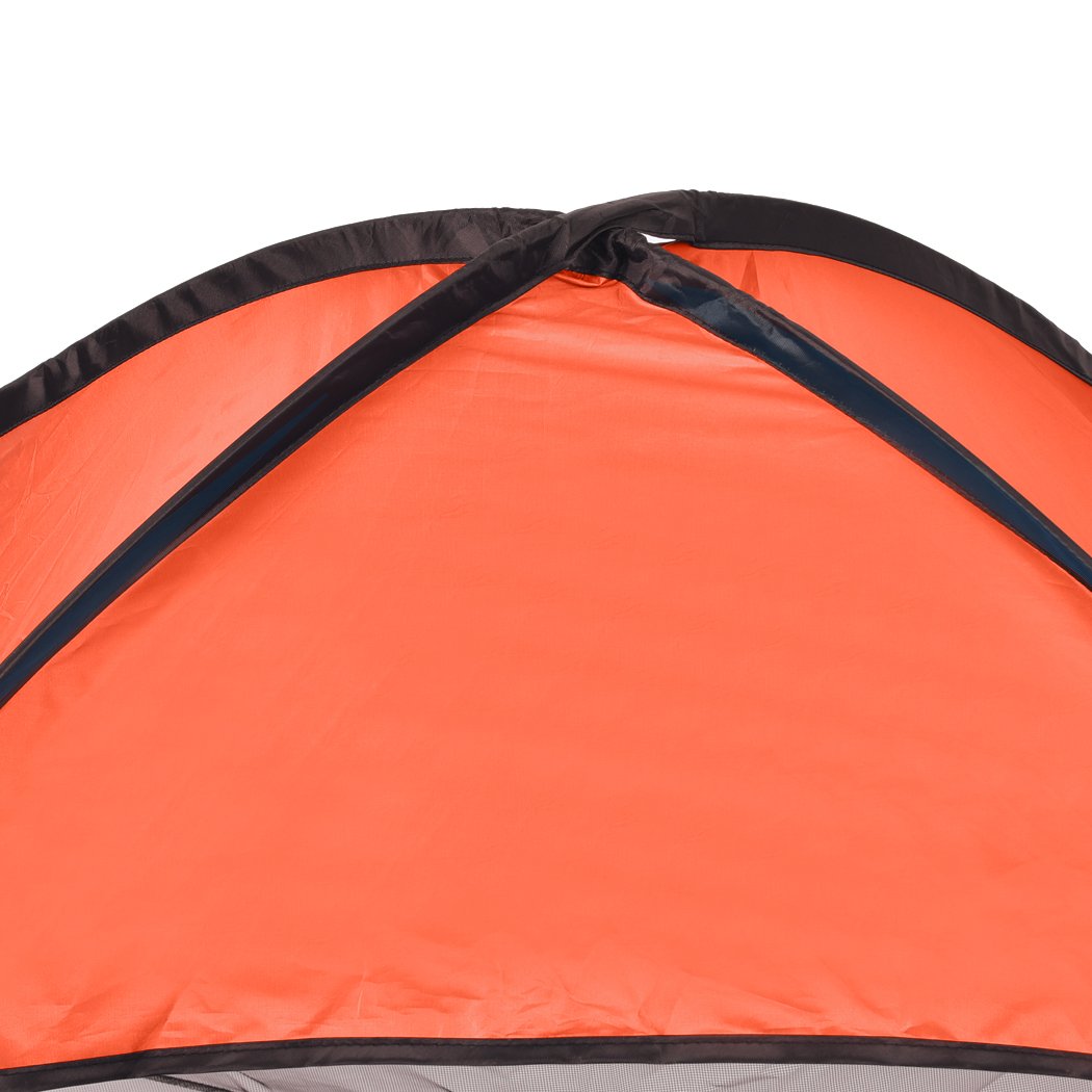 Mountview Pop Up Beach Tent in vibrant orange color, spacious enough for 4 people, set up on a sandy beach with a clear blue sky.