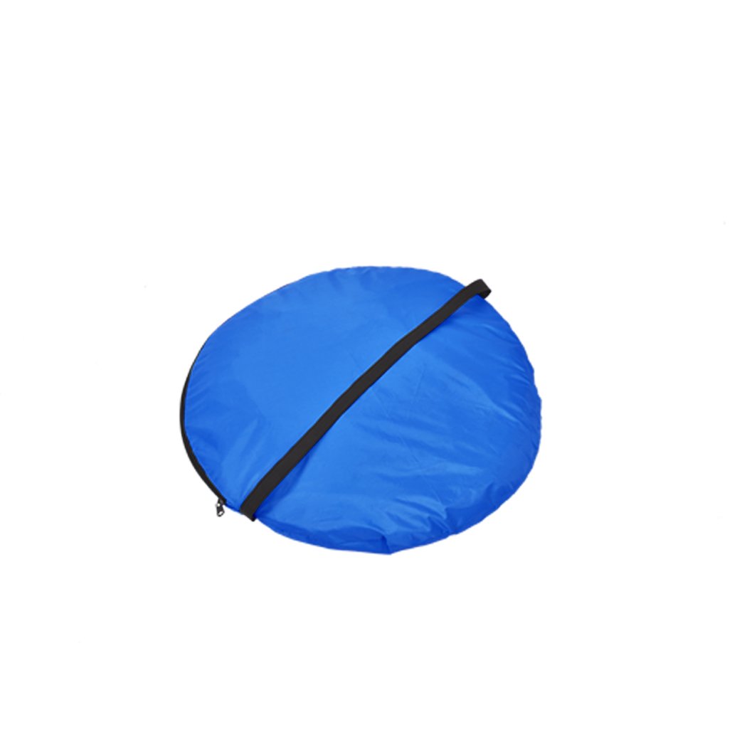 Mountview Pop Up Tent in blue color set up on the beach, showcasing its spacious interior and automatic opening feature.