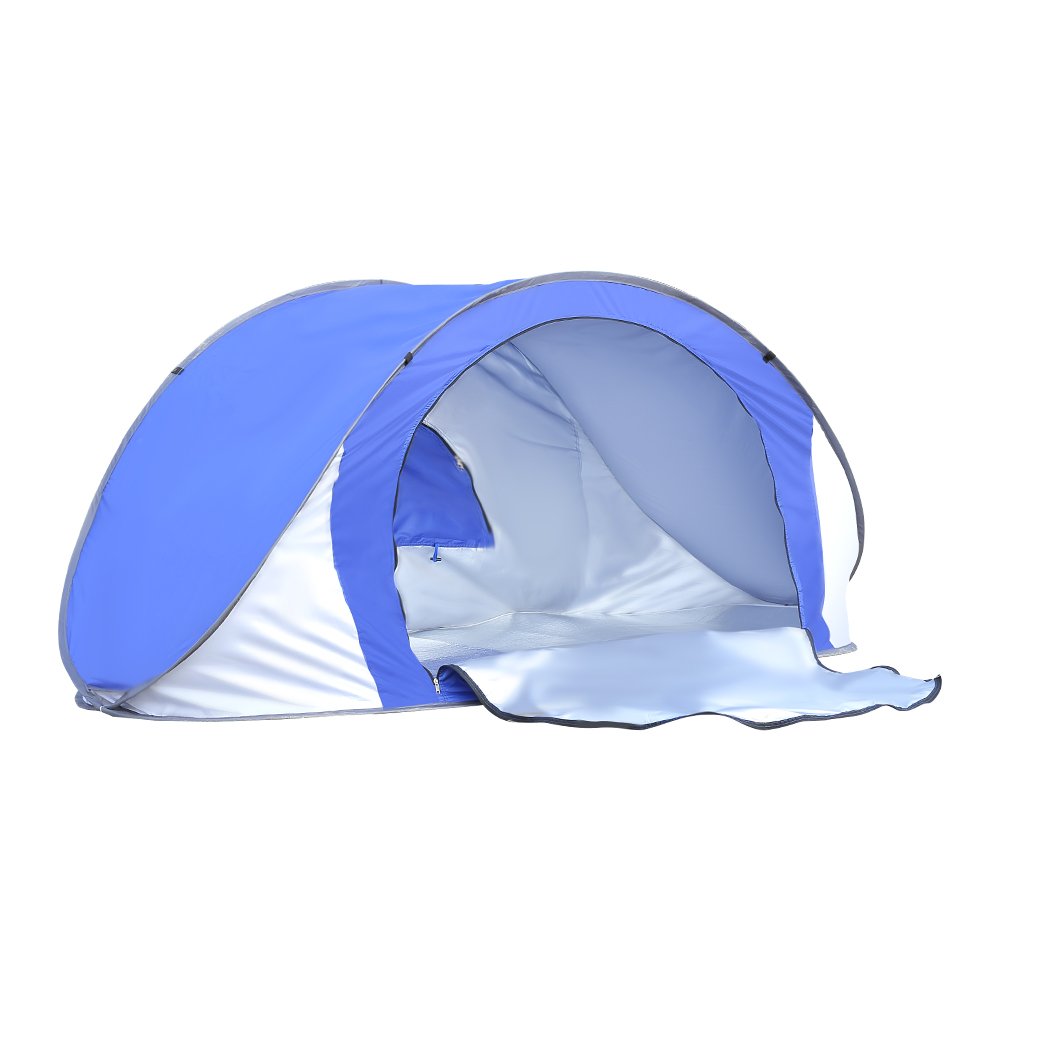 Mountview Pop Up Tent in blue color set up on the beach, showcasing its spacious interior and breathable mesh design.