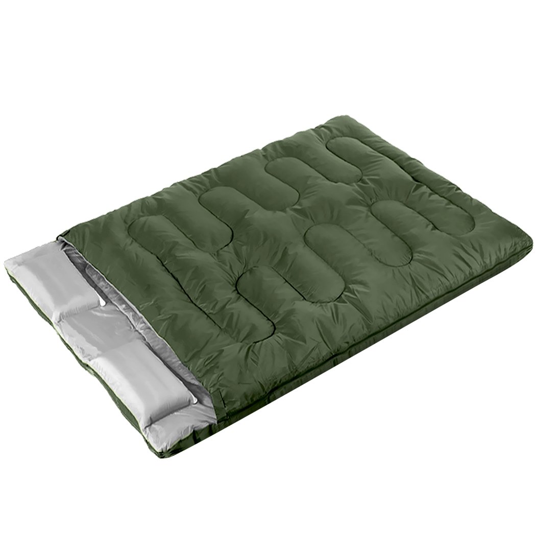 Mountview Double Sleeping Bag in army green, designed for outdoor camping, featuring two pillows and a carry bag.